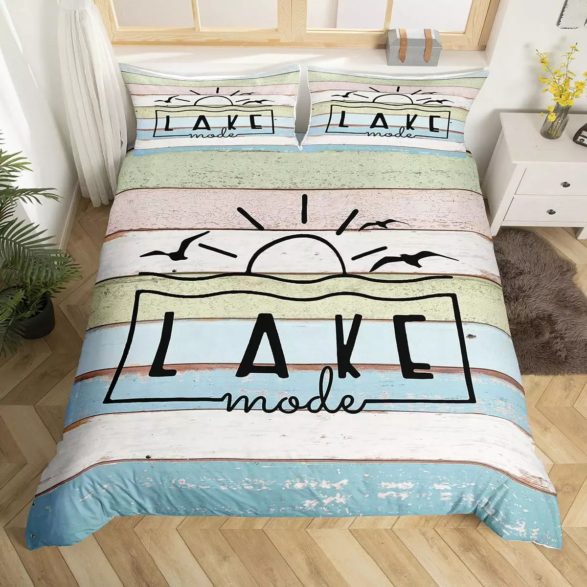 Lake Life Decor Bedding Set Cute Sun Sketch Sunset Comforter Cover.Retro Lake Cabin Decor Watercolor Wood Plank Duvet Cover Twin Lake House Gifts.Farmhouse Style The Lake House Decor for The Home