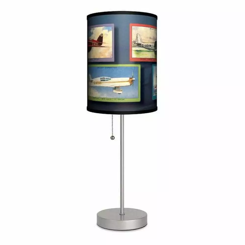 Lamp-In-A-Box Little Boys Vintage Airplanes Silver Table Lamp for Bedroom Home Decor. Blue Children's Printed Lamp Shades