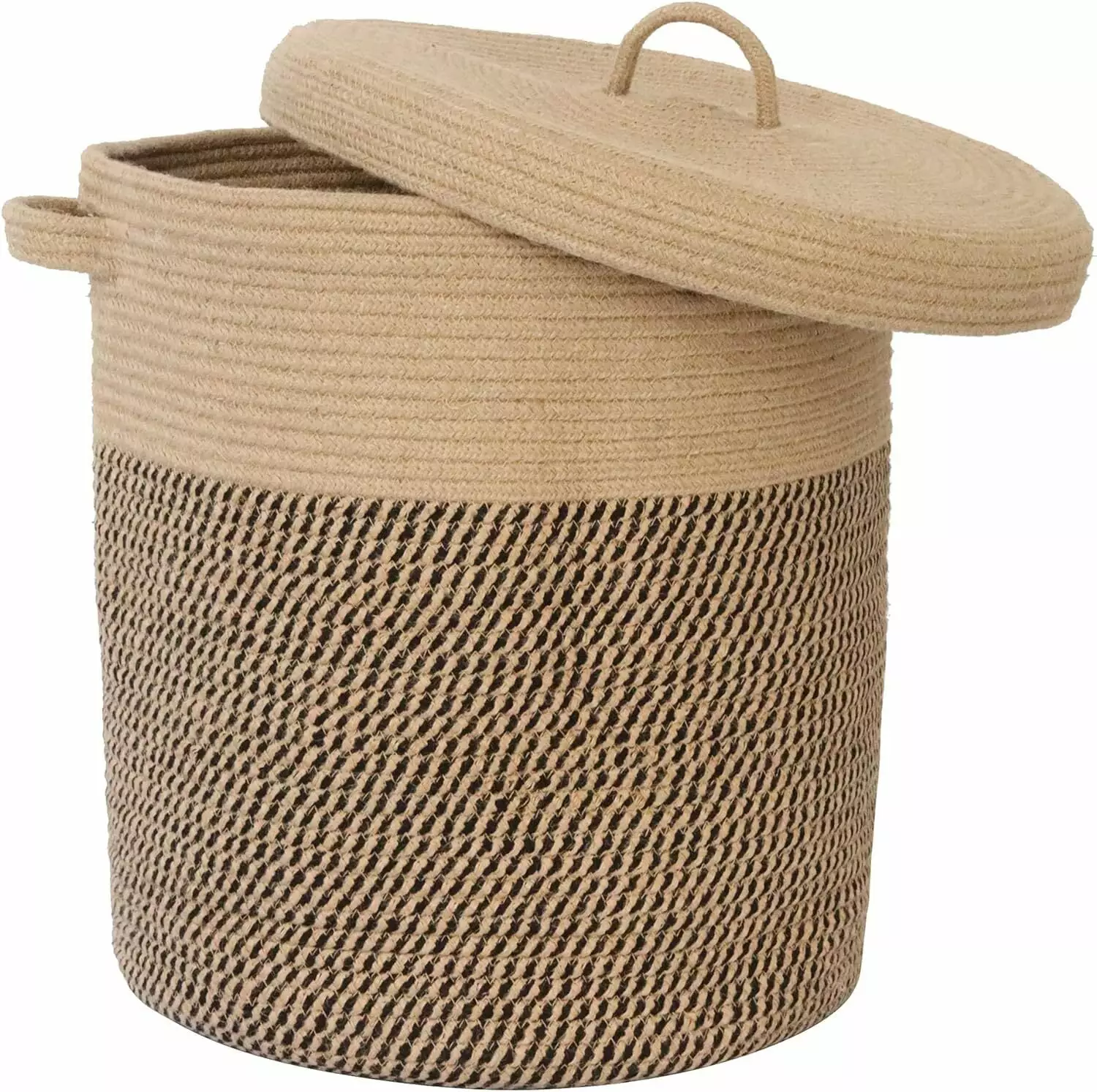 Large Storage Basket with Lid. 16Wx18H Cotton Woven Rope Laundry Hamper. Jute Laundry Basket. Wicker Basket Blankets Pillows Toys Storage in Living Room Baby Nursery. Jute/Black Mix 60L