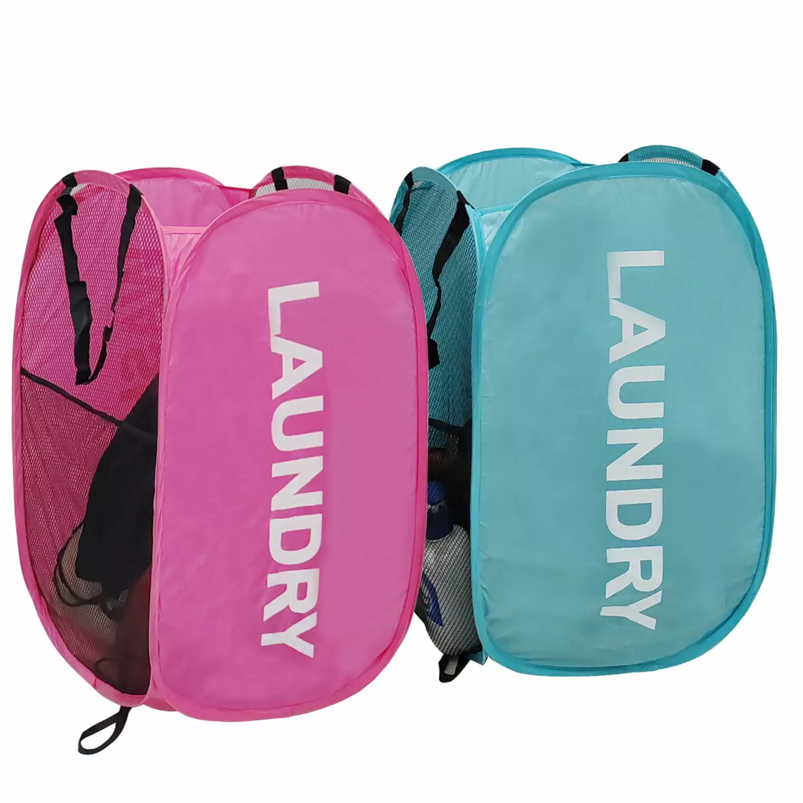 Larpur Pack of 2 Pop up Mesh Hampers for Laundry. Collapsible Laundry Baskets (Pink + Blue)