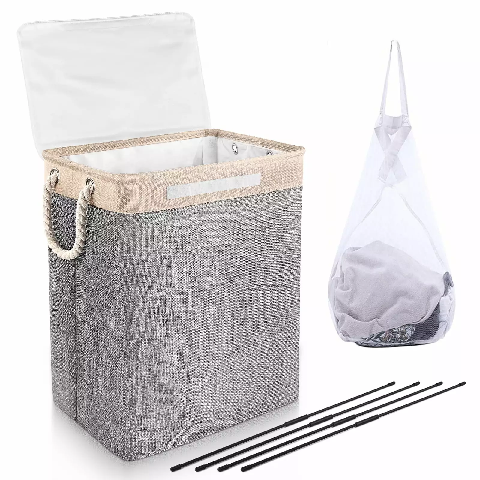 Laundry Basket with Lid. JUEMEL 75 Litre Collapsible Large Linen Washing Hamper with Built-in Lining. Storage Organiser with Handles and Removable Bags for Clothes and Toys. Gray