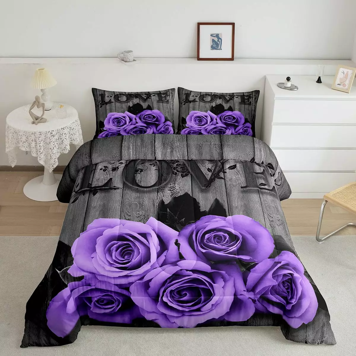 Lavender Color Rose Comforter Set Twin Purple Black Grey Flower Bedding Set For Girls Women Couple Romantic Floral Down Comforter Retro Farmhouse Quilt Duvet Gifts For Valentine'S Day Wedding