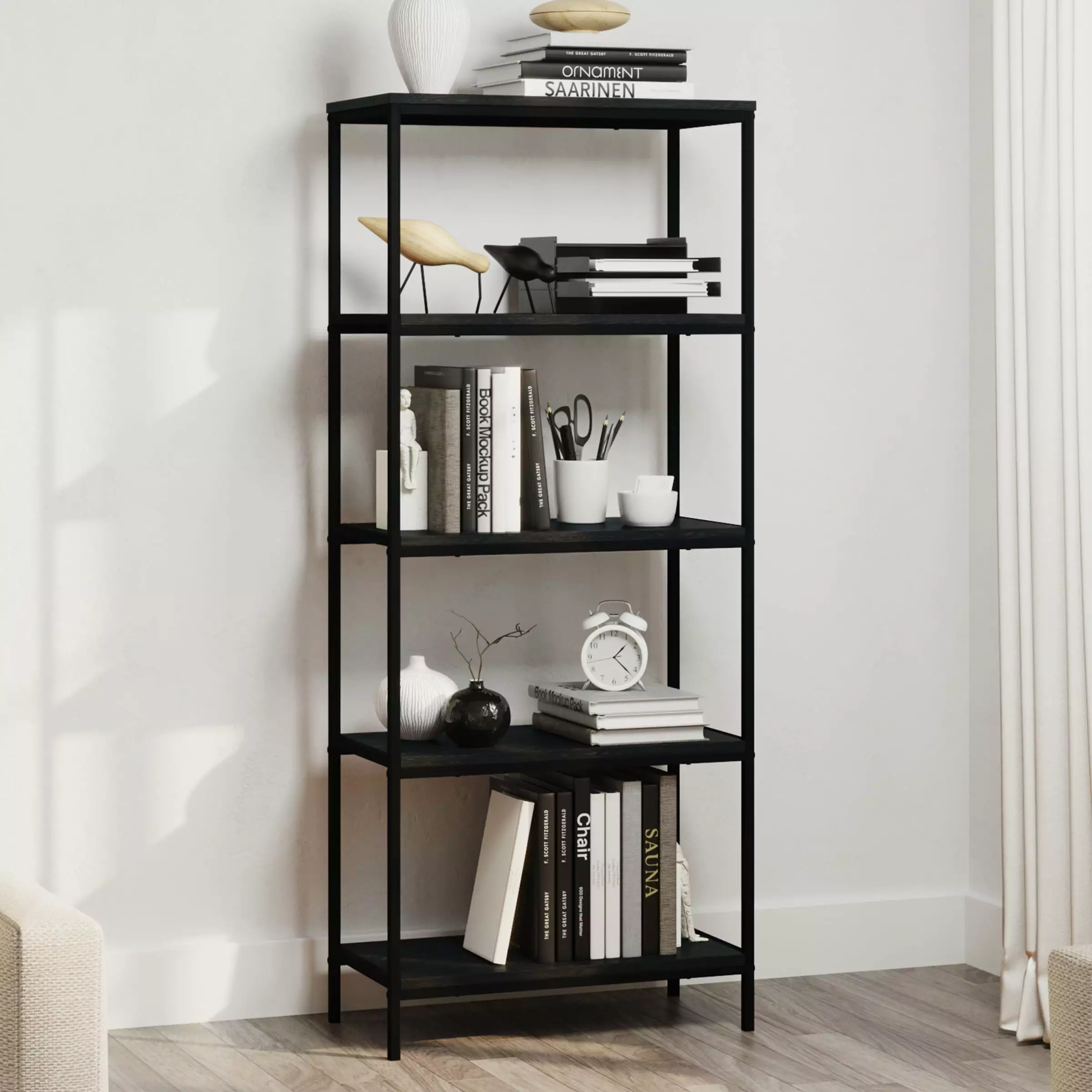 Lavish Home 5-Tier Bookshelf - Industrial Shelving Unit. Black Woodgrain