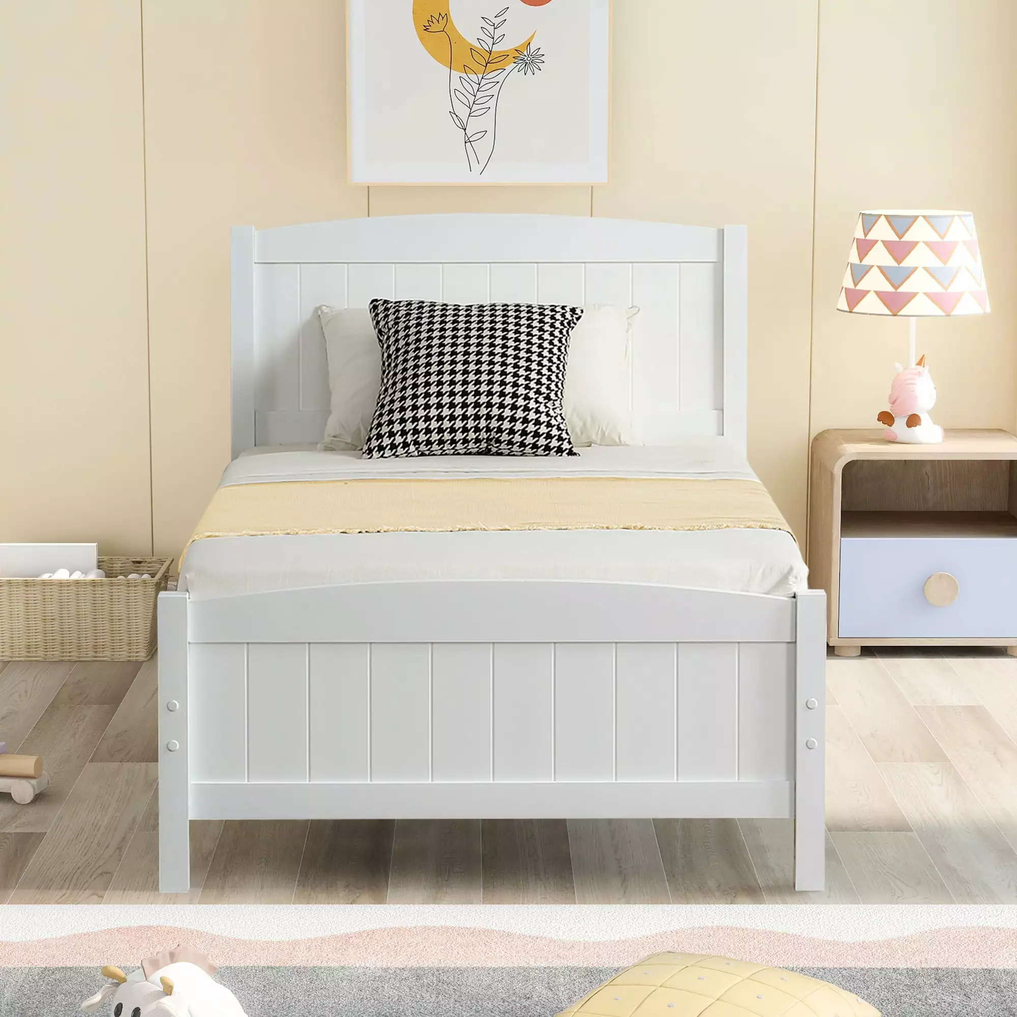 LegaHome White Wooden Twin Platform Bed Frame with Headboard and Footboard. 330lbs Capacity. Twin Size Bed Frame for Kids Boys Girls Teens. No Box Spring Needed