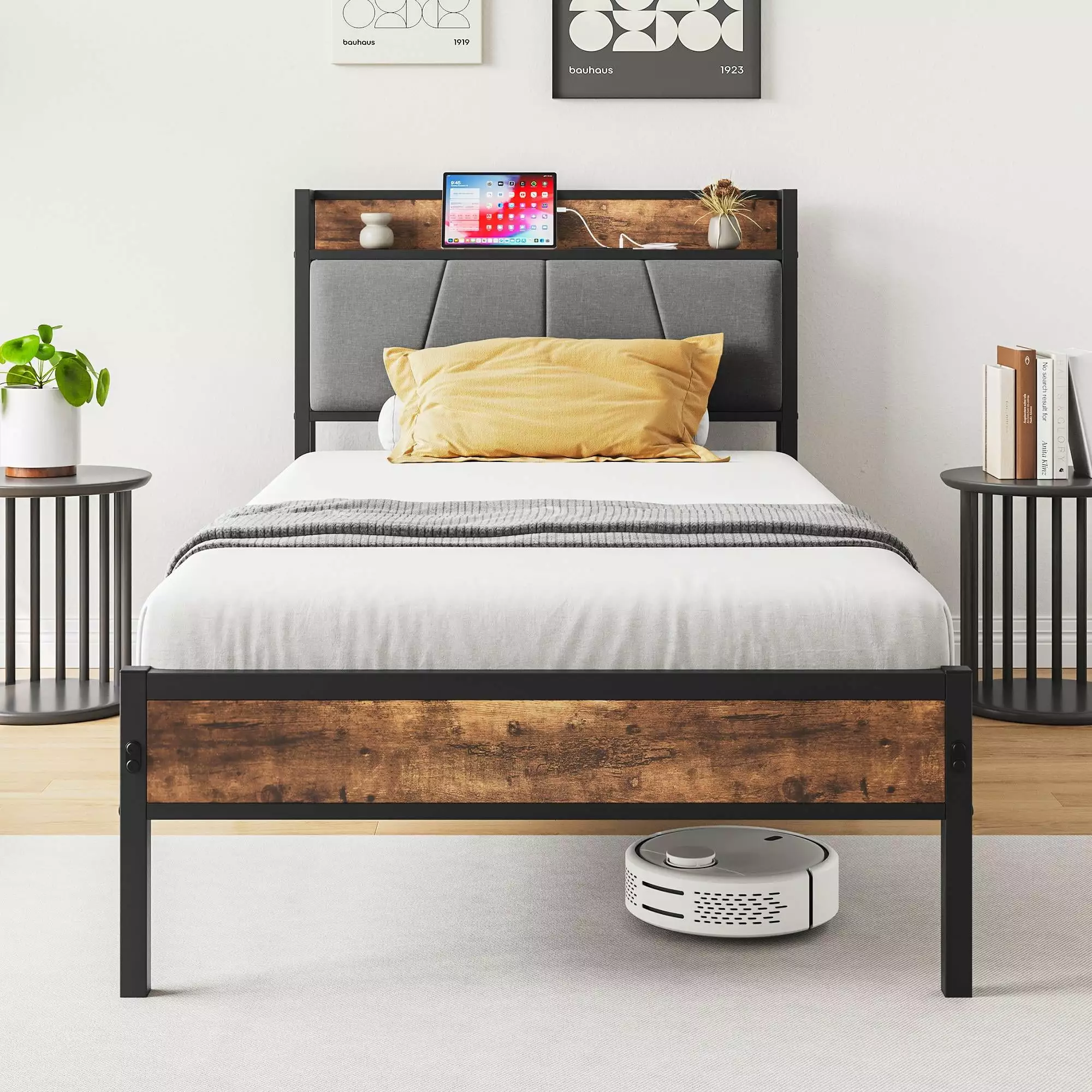 LegaHome Twin Bed Frame. Metal Platform Bed with Storage Headboard and Charging Station. Strong Slat Support. Twin Size Bed Frame for Kids Teens Adults. No Box Spring Needed. Black