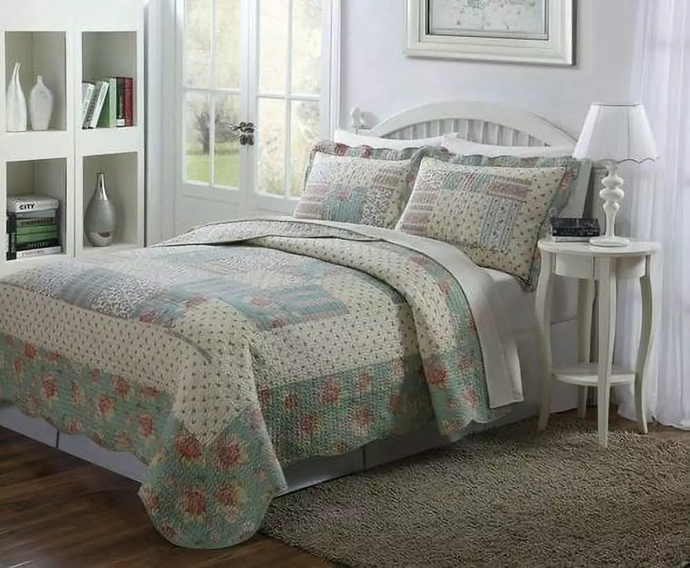 Legacy Decor 3 PCS Quilt Bedspread Blanket Cover Light Blue. Taupe and Pale Yellow. Patchwork Floral Design King Size