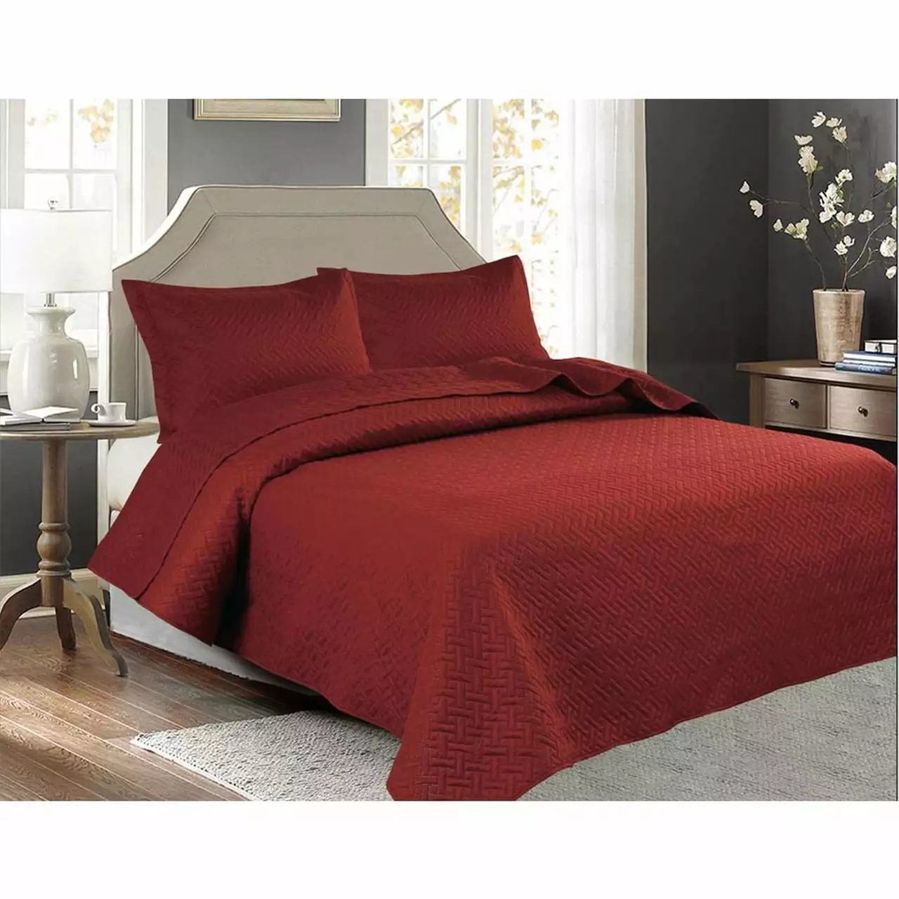 Legacy Decor 3 PCS Squared Stitched Pinsonic Reversible All Season Bedspread Quilt Coverlet Oversized Queen Size Brick Color