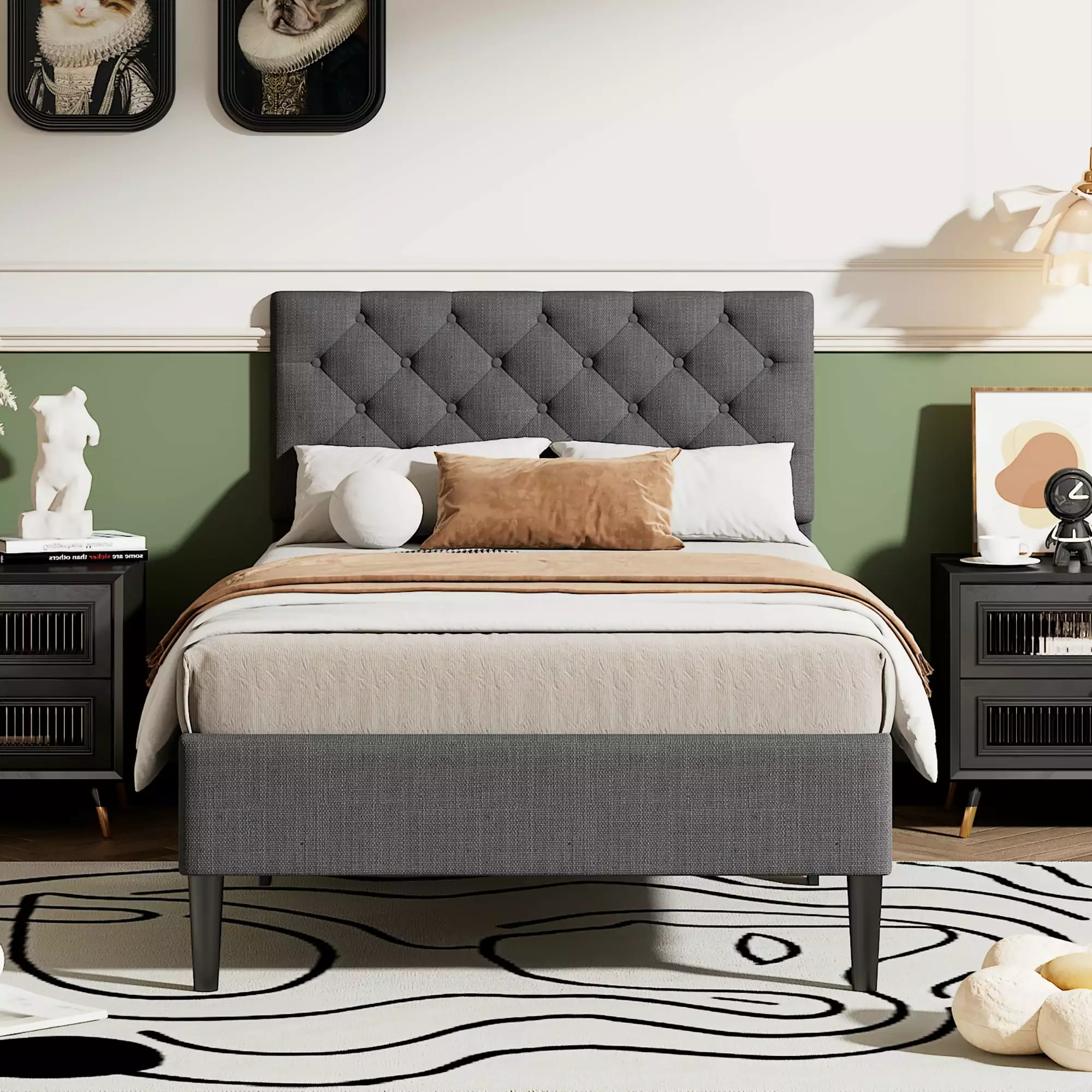 BTMWAY Twin Size Upholstered Platform Bed. Upholstered Platform Bed with Button Tufted Fabric Headboard. Wooden Slat Support. Twin Bed Frame for Kids. No Box Spring Needed. 250lbs Capacity. Gray