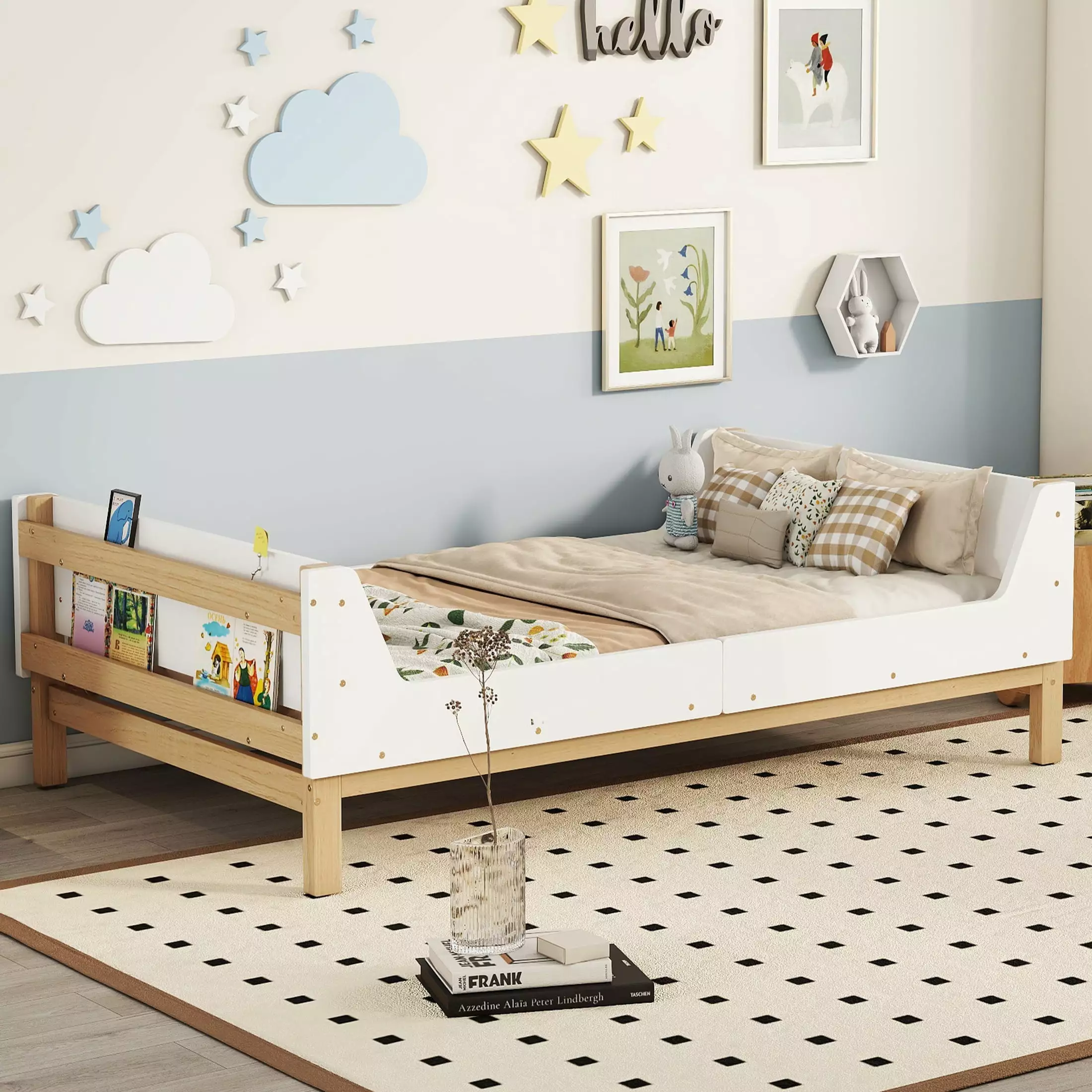 Legahome Twin Bed Frame. Simple Wood Platform Bed with Headboard and Footboard. Sturdy Twin Bed Frame with Safeguards and Built-in Bed-end Book Storage Rack. No Box Spring Needed. White