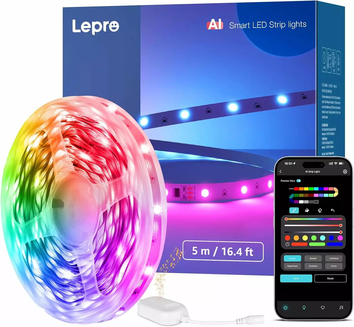 Lepro S1 AI Smart LED Strip Lights . 16.4ft AI Generated Lighting. Work with Alexa. Google Assitant. Bluetooth and WiFi App Control. Music Sync. Rainbow LED Lights for Bedroom. TV. Party. Gaming Room