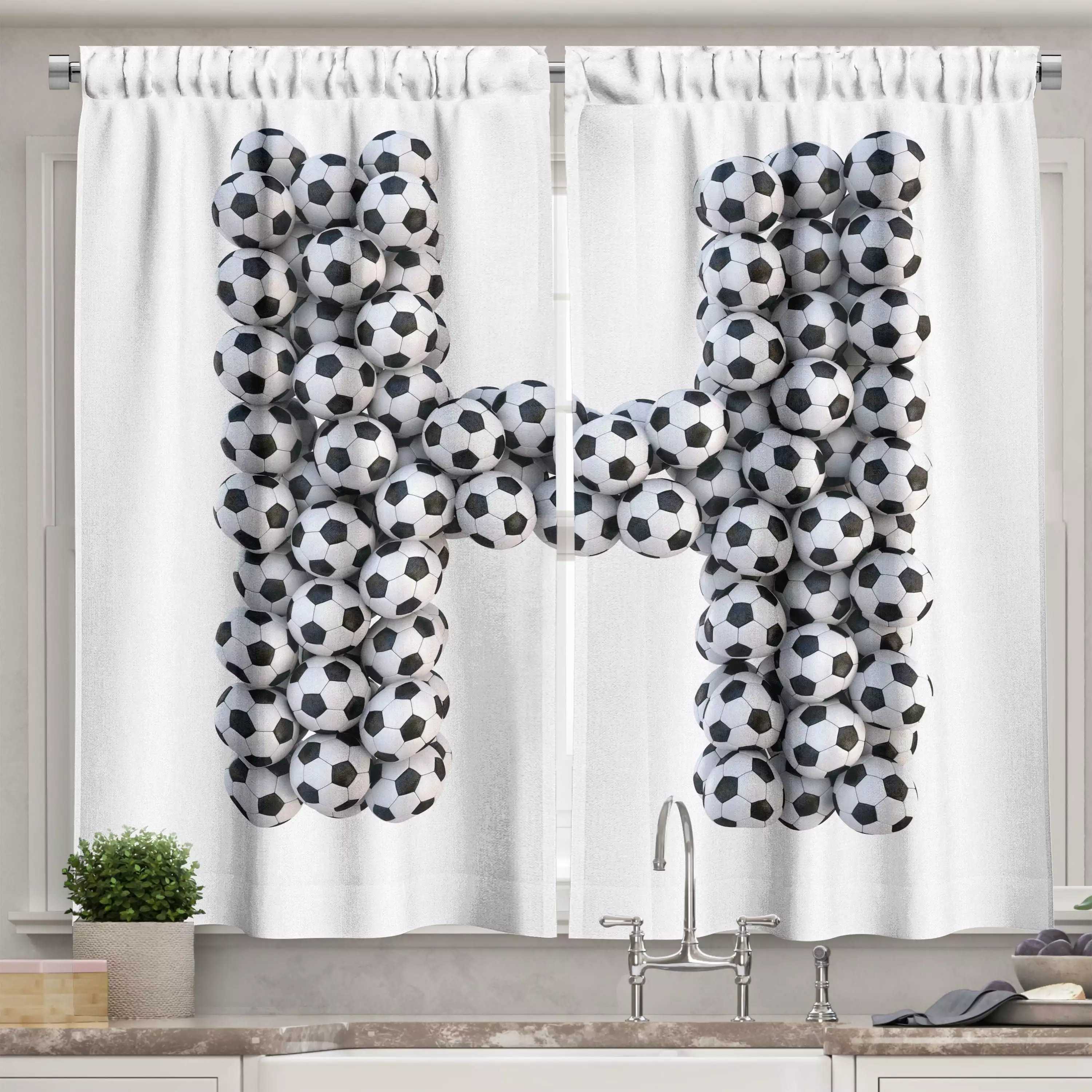 Letter H Curtains 2 Panels Set. Soccer Balls Arrangement Game Day Theme Abstract Composition with Uppercase H. Window Drapes for Living Room Bedroom. 55W X 39L Inches. Black White. by Ambesonne