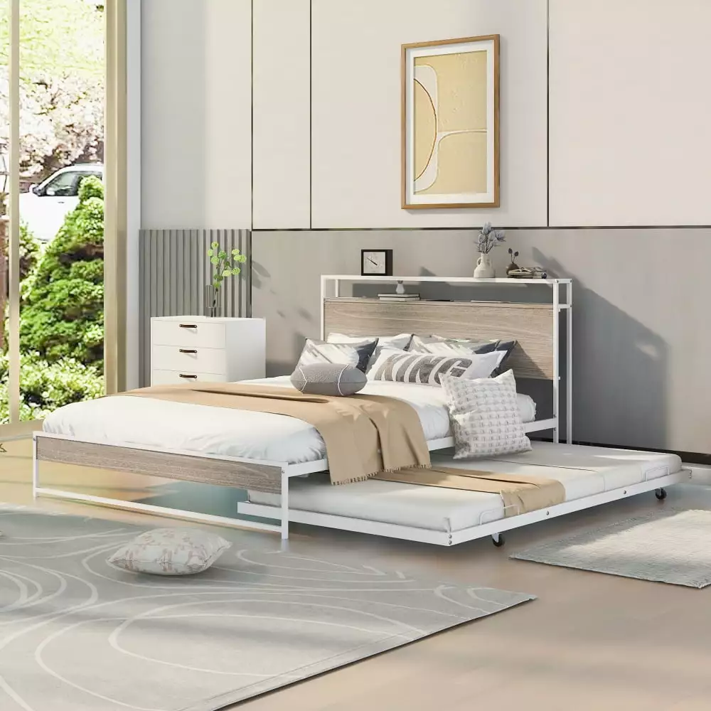 Leumius Queen Size Metal Platform Bed with Trundle and Outlet & USB Ports.Metal Bed Frame with Wooden Storage Headboard & Storage Shelf.White