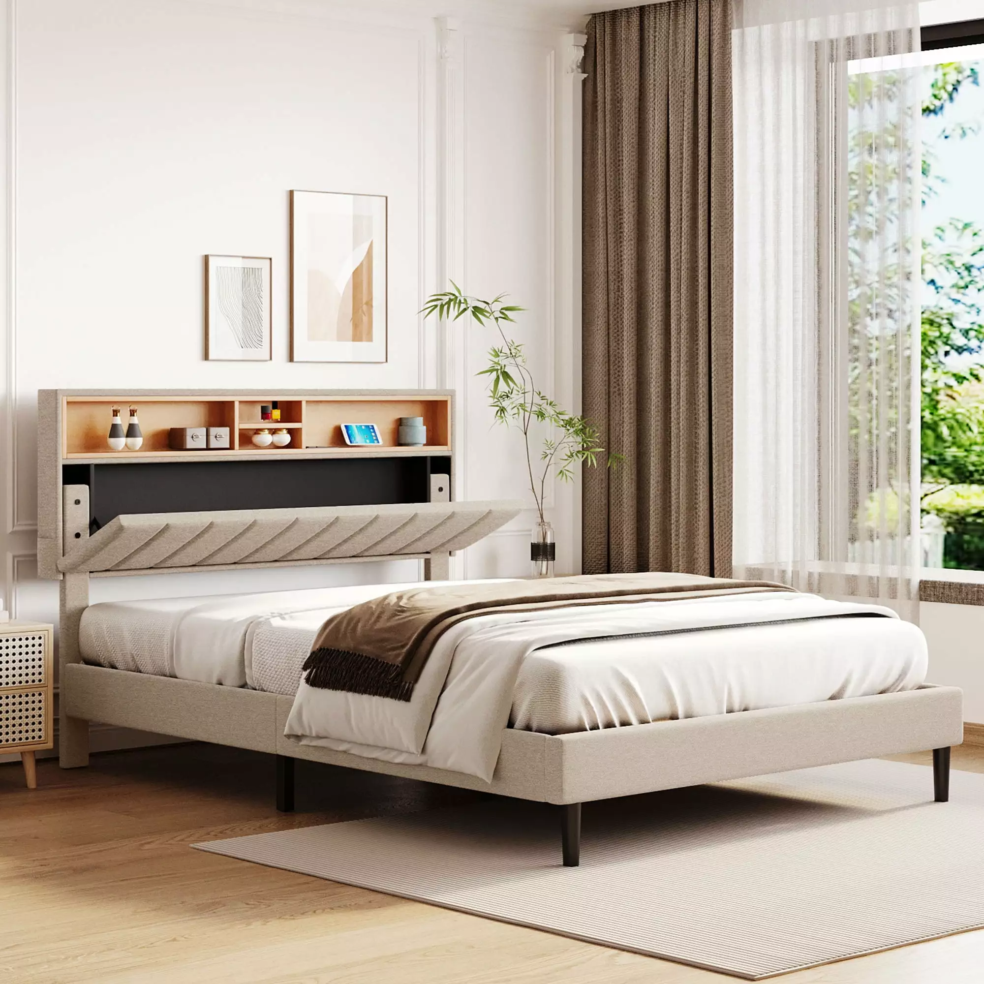 Leumius Queen Size Upholstered Platform Bed with Storage Headboard and USB Port.Modern Linen Fabric Upholstered Bed Frame with Shelf Headboard.No Box Spring Needed.Beige