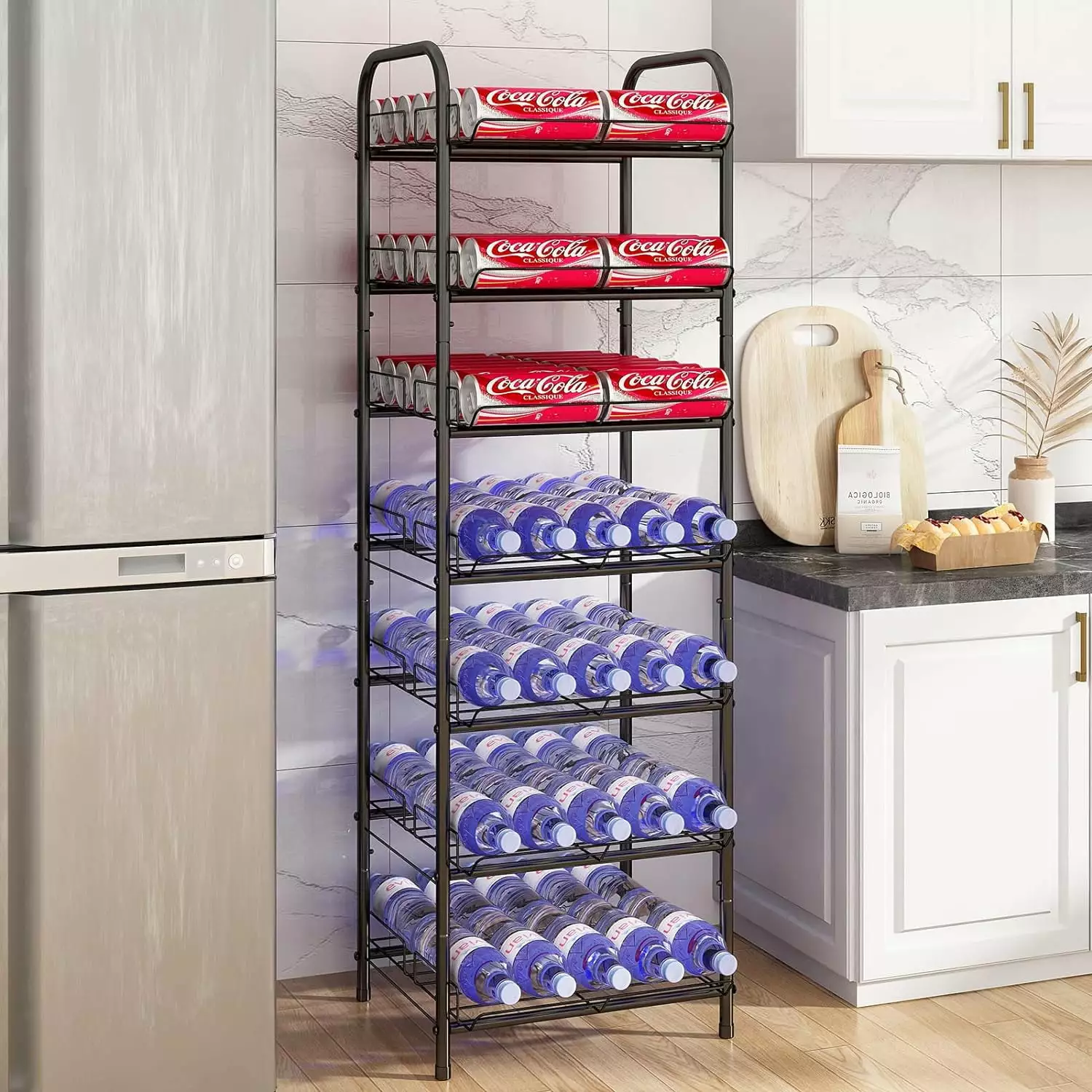 LiebeRen 7 Tier Water Bottle Storage Rack. Free Standing Vertical Metal.Water Bottle Organizer. Large Capacity Bottled Rack Water Holder Stand for Cabinet Kitchen Party Pantry.Black