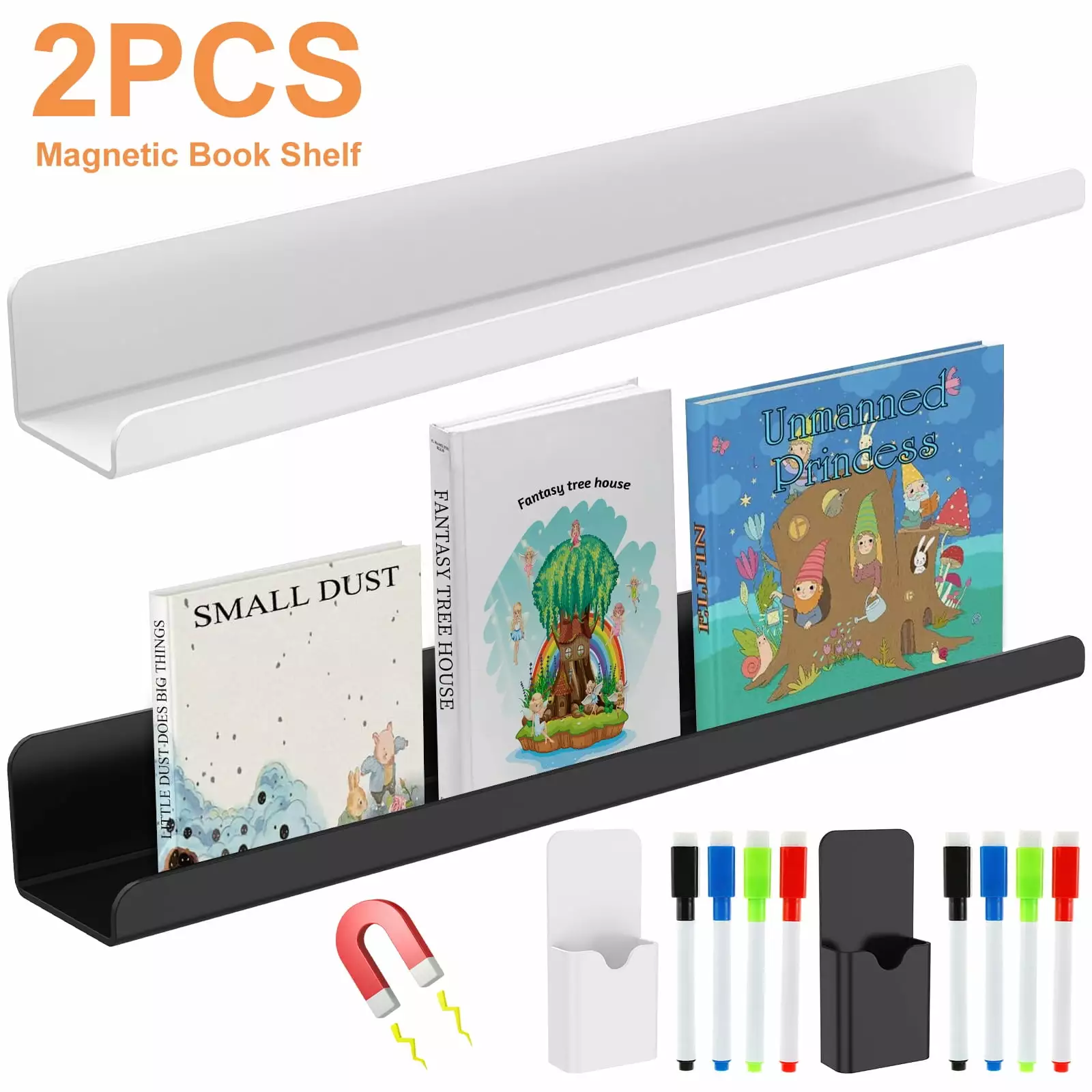 Lieonvis 2 Pcs Magnetic Book Shelf for Whiteboard.Reusable Acrylic Magnetic Book Holder with a Pen Container.Book Display Shelf for Teacher Kids Classroom Office