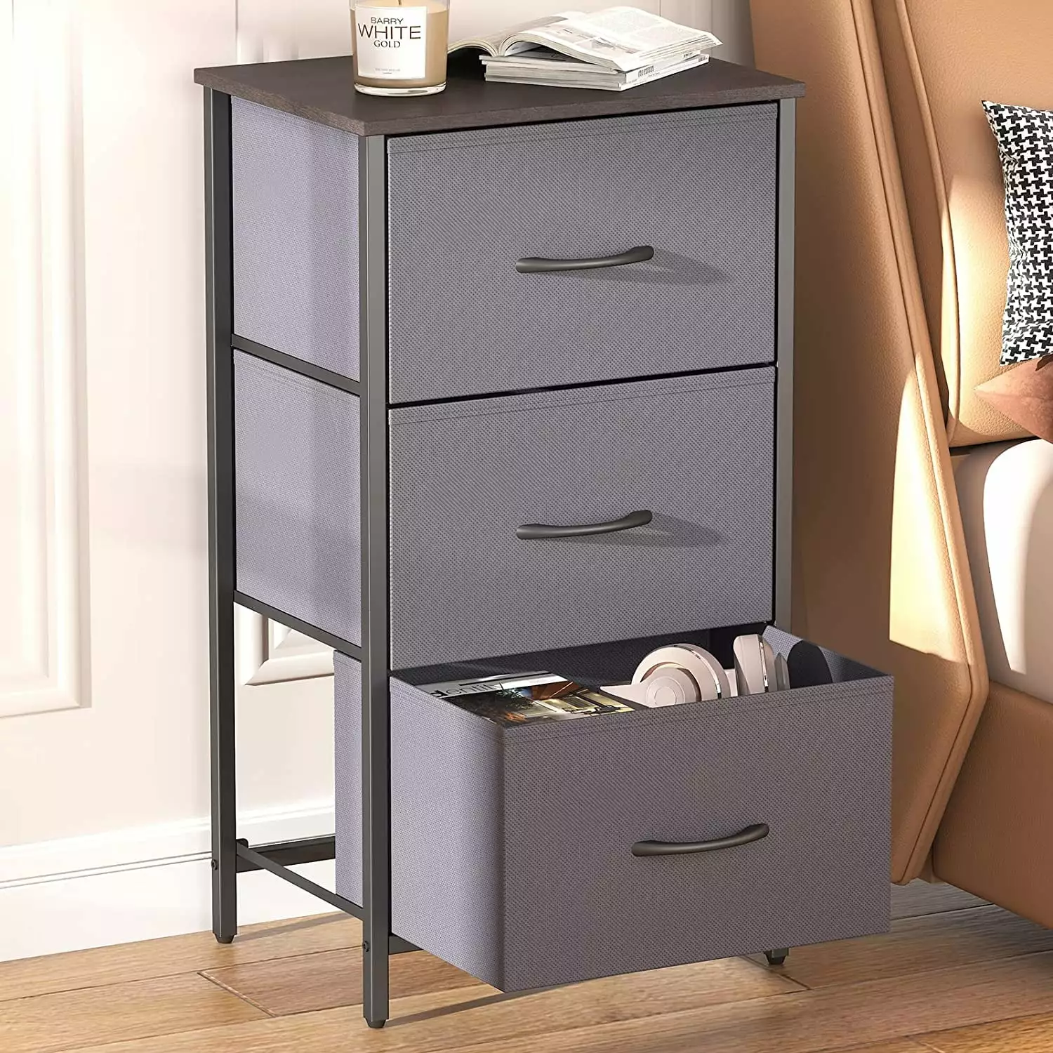 Lifewit 3 Drawer Dresser for Bedroom. Nightstand with Fabric Bins. Chest of Drawers. Dark Grey