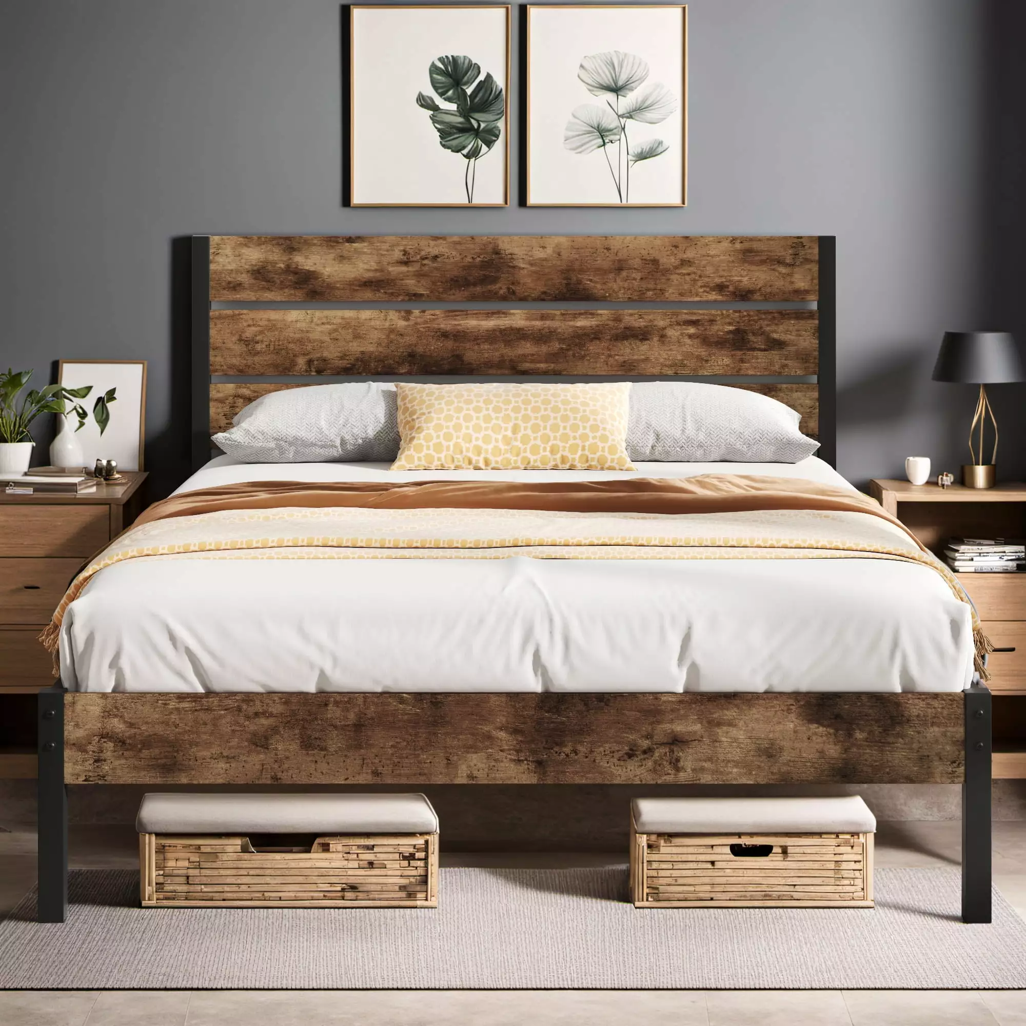 Lifezone Queen Bed Frame with Rustic Vintage Wood Headboard and Footboard.Metal Support.Rustic Brown