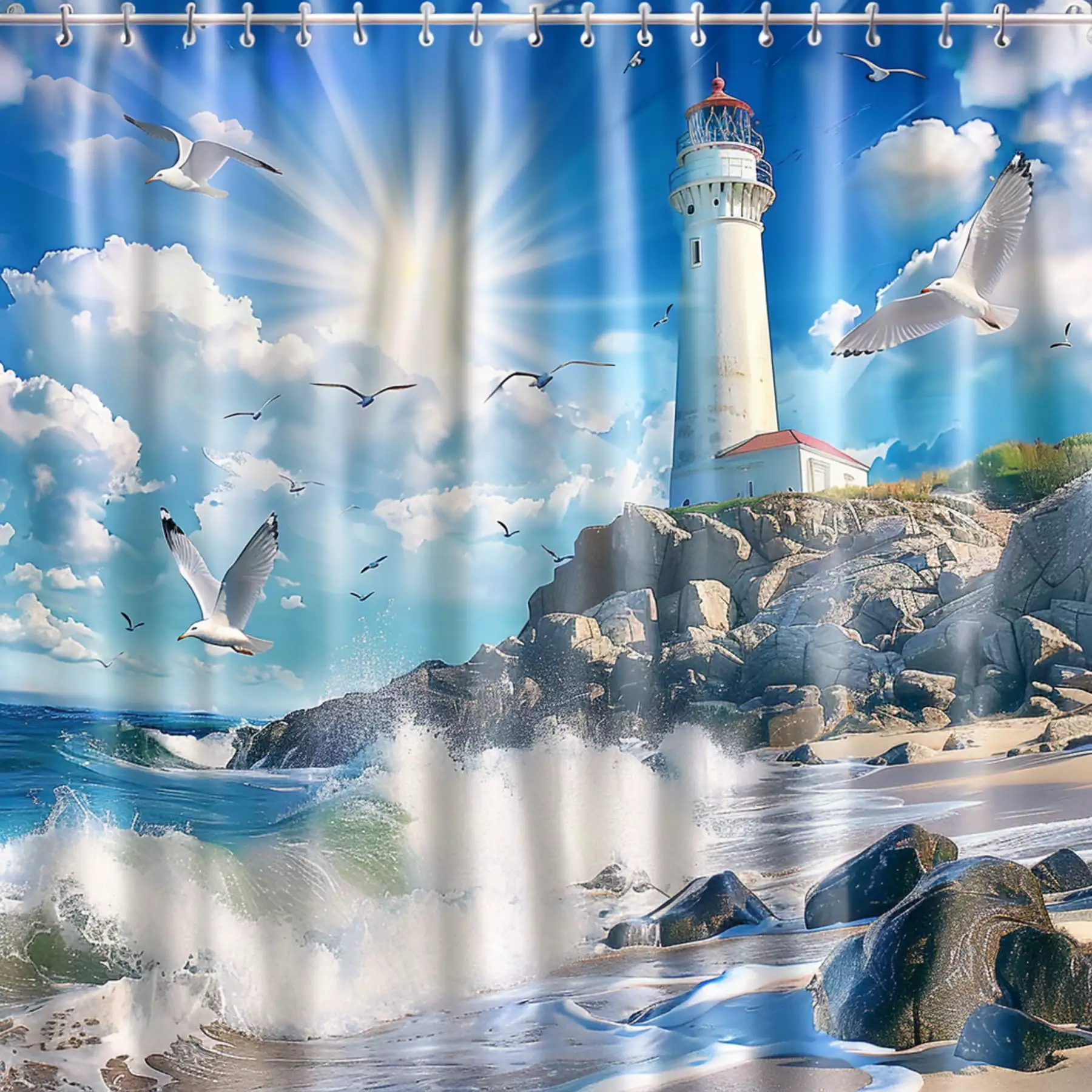 Lighthouse Seagulls Waves Beach Blue Sky Shower Curtain High Detail Ultra Realistic