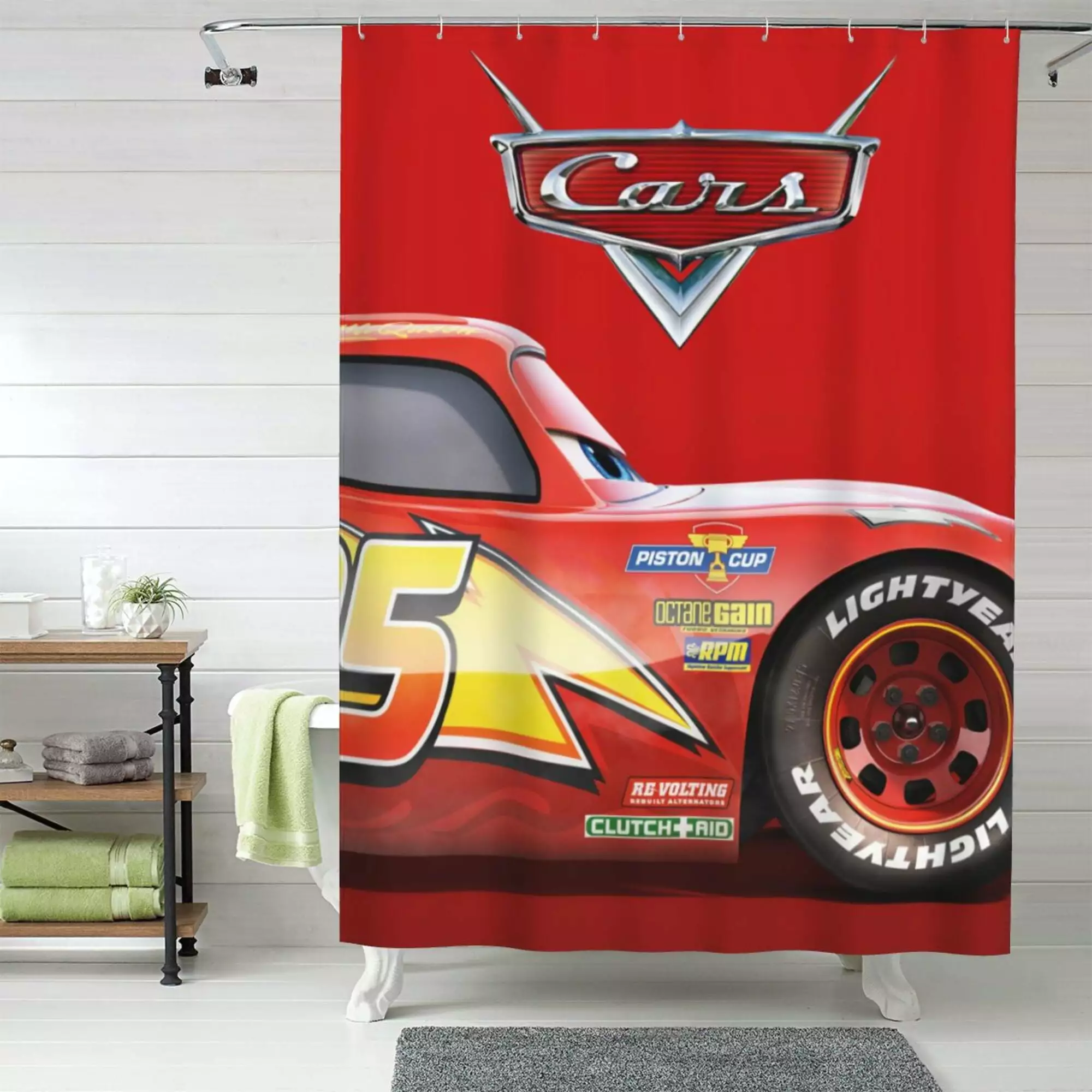 Lightning Mcqueen Shower Curtain. 60 x 72 inch Waterproof Fabric Shower Curtains for Bathroom. Cute Farmhouse Bath Decor Washable Bath Curtain with 12 Hooks