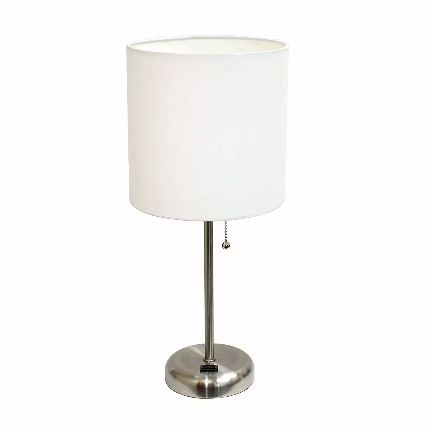 LimeLights Stick Lamp With Charging Outlet and Fabric Shade-Finish:Brushed Steel/White.Style:Contemporary