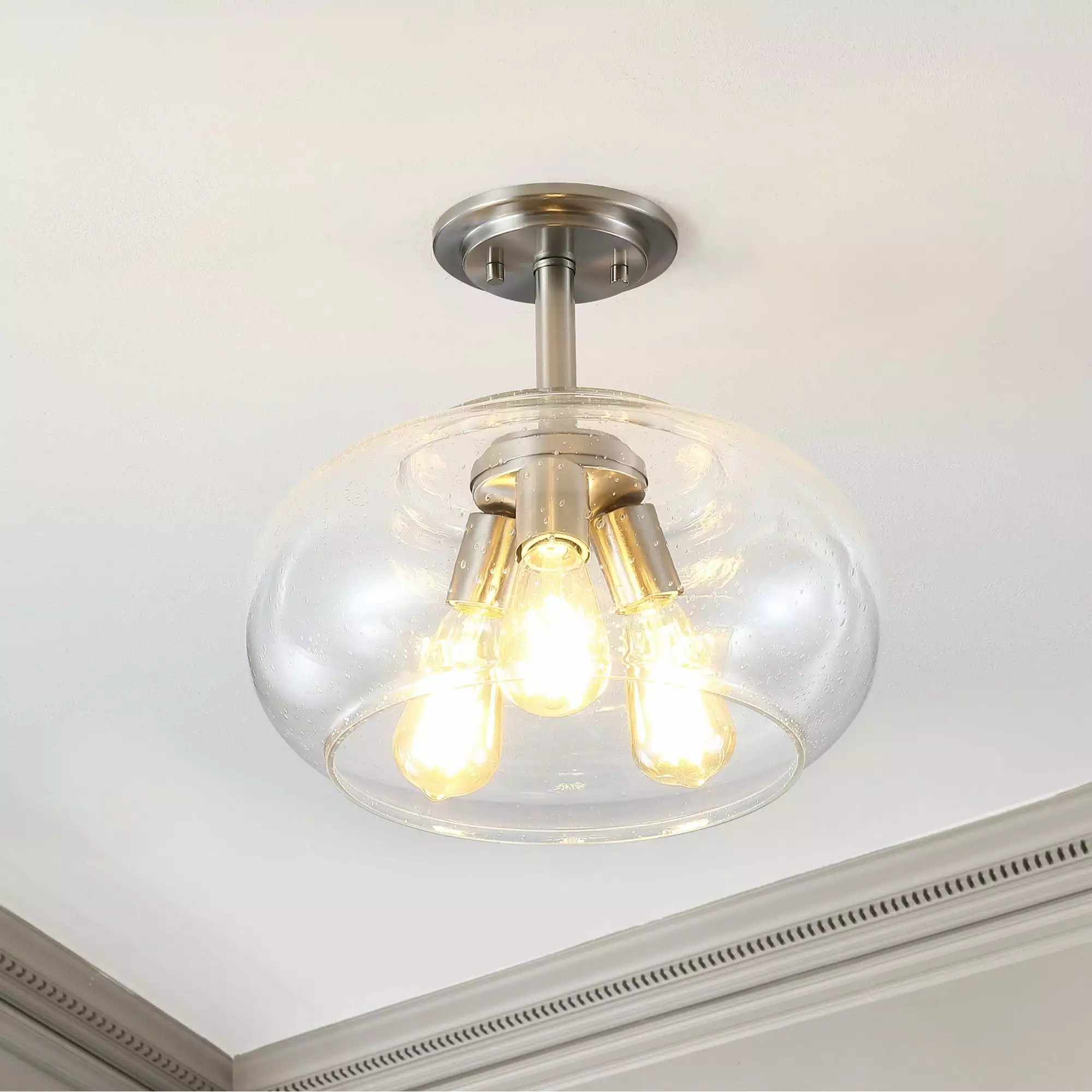 Lina 13.75 3-Light Modern Industrial Iron/Seeded Glass LED Semi Flush Mount. Nickel/Clear