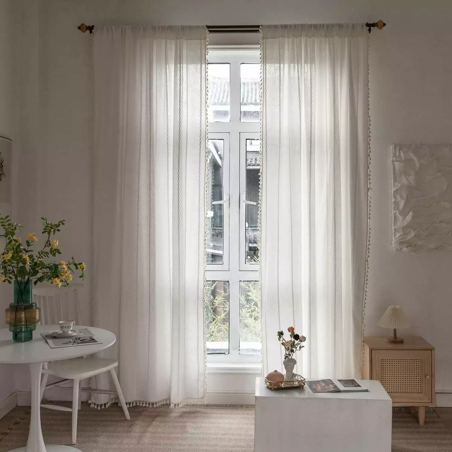 Linen Curtains Beige Boho Curtains Semi-Blackout Window Curtains Rod Pocket Drapes 52 x 84 inches 1 Pannel