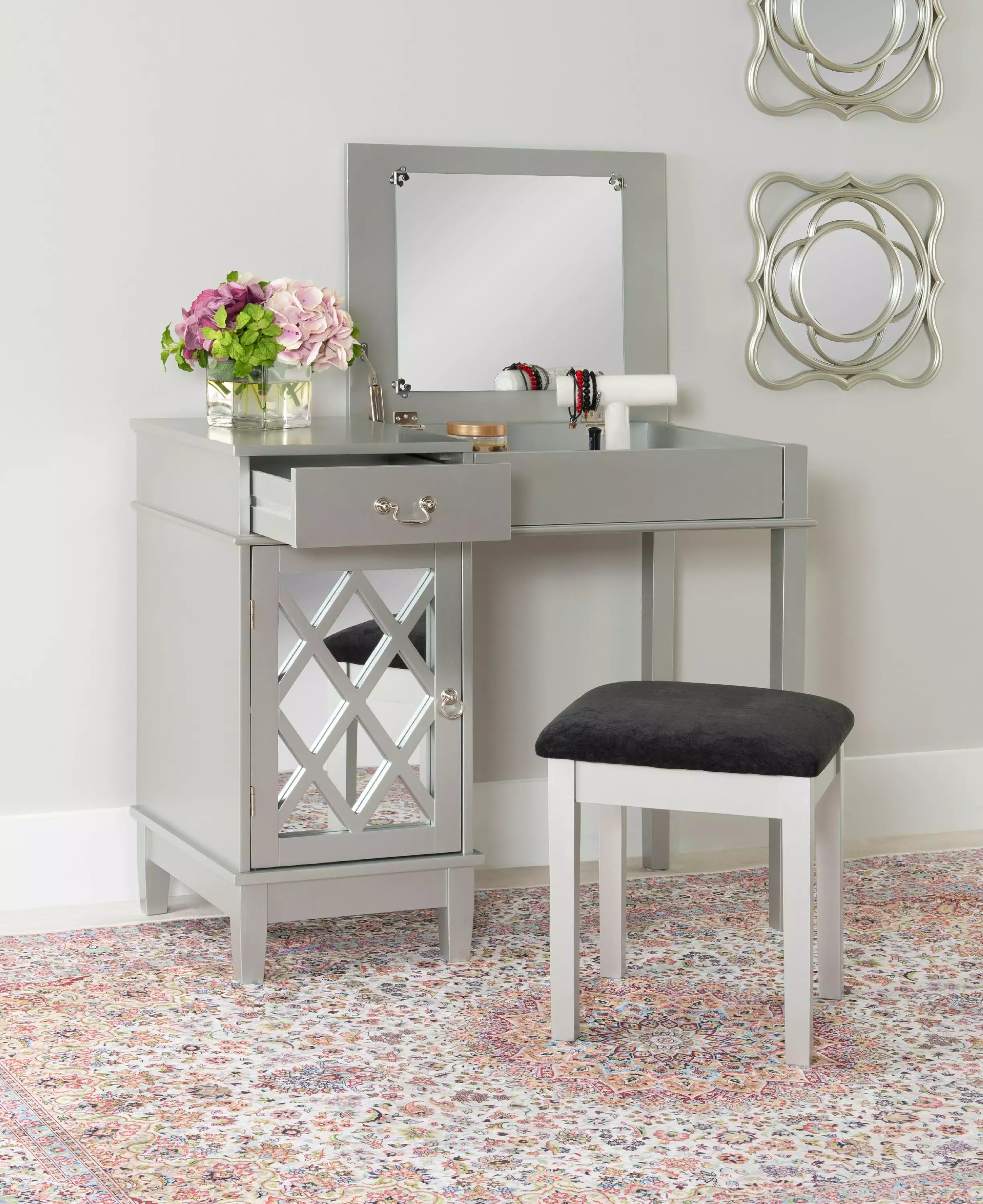 Linon Harper 2-Piece Vanity Set with Flip-Top Mirror and Upholstered Stool. Silver Finish with Black Fabric