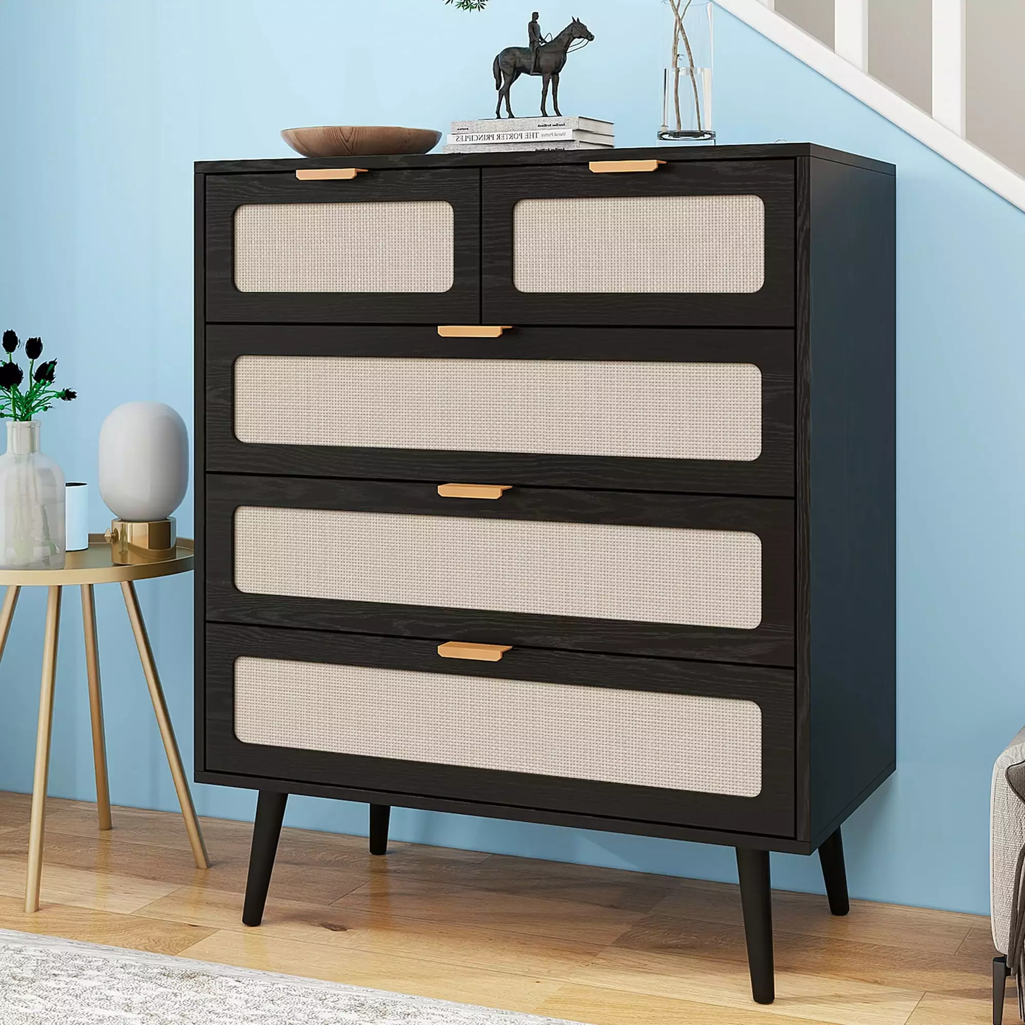 Lisicue 5 Drawer Dresser. Accent Wood Storage Cabinet. Chest of Rattan Drawers for Bedroom Living Room