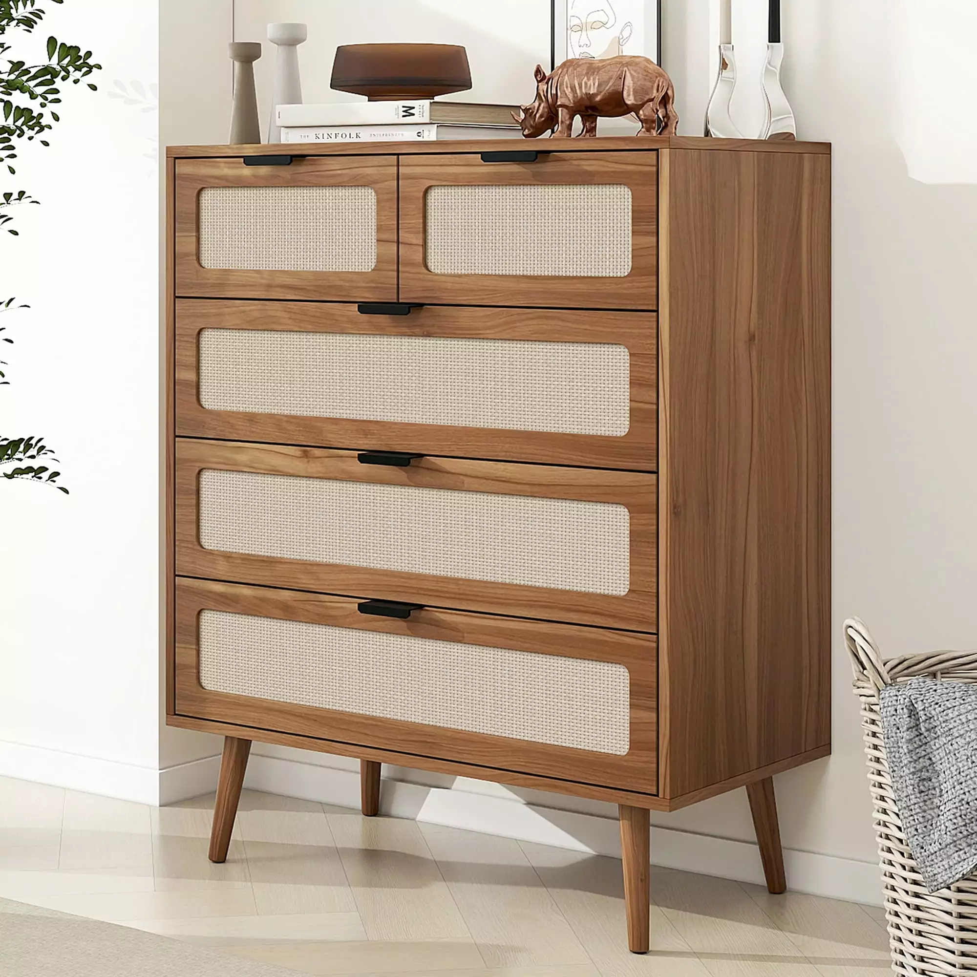 Lisicue 5 Drawer Dresser. Accent Wood Storage Cabinet. Chest of Rattan Drawers for Bedroom Living Room