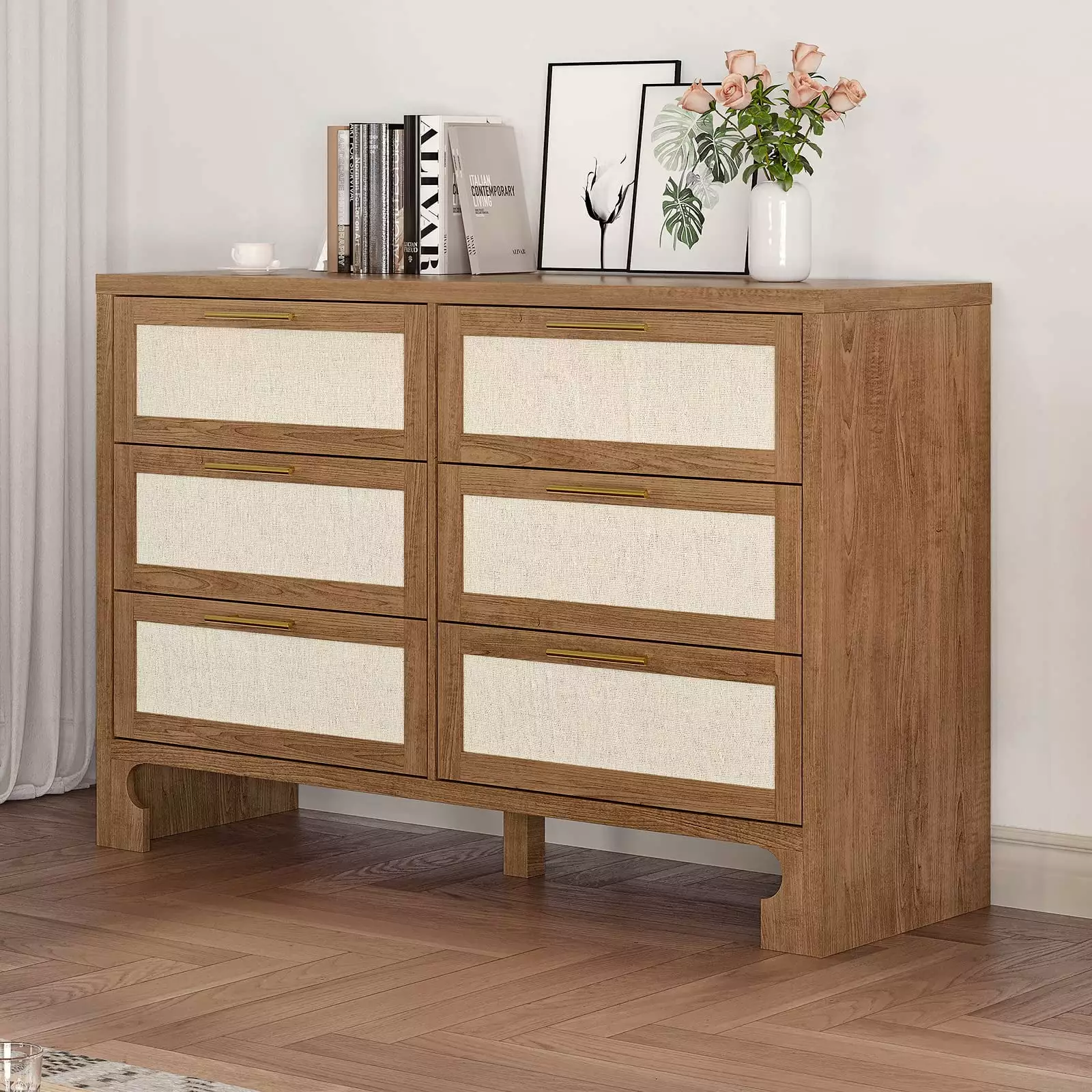 Litake 6 Drawer Dresser. Burlap Design Wood Drawer Dresser Chest of Drawers for Closet. Living Room. Hallway. Nursery. Kids Bedroom. Caramel