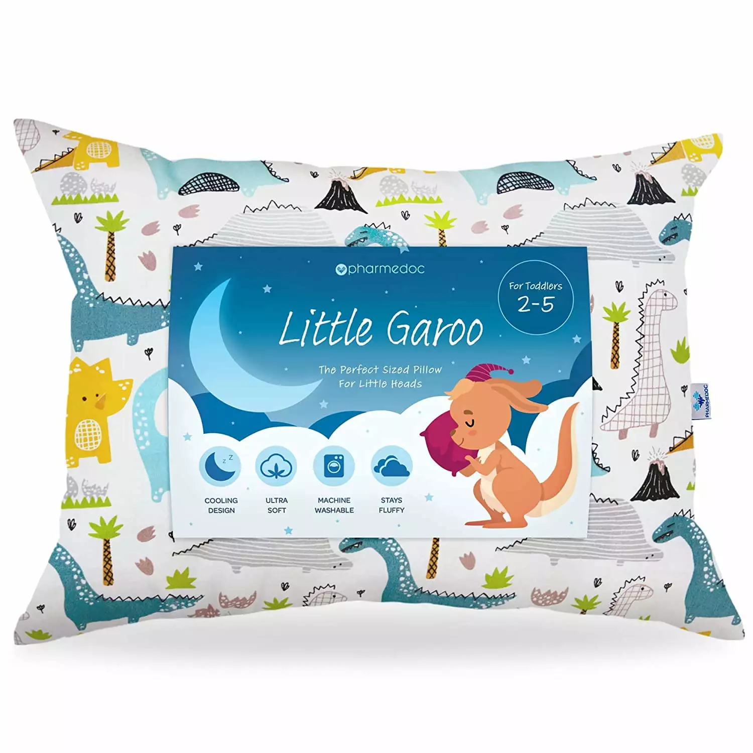 Little Garoo Toddler Pillow by PharMeDoc. First Pillow. Dinosaur. 14x19 Pillows for Sleeping. Safe Built-in Pillowcase. Machine Washable. Boys. Girls