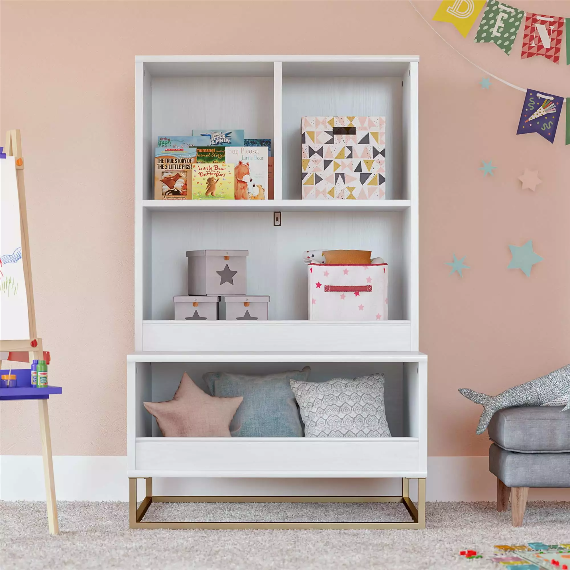 Little Seeds Charlie Kids Multi-Use Toy Storage Organizer & Bookcase. White with Golden Bronze