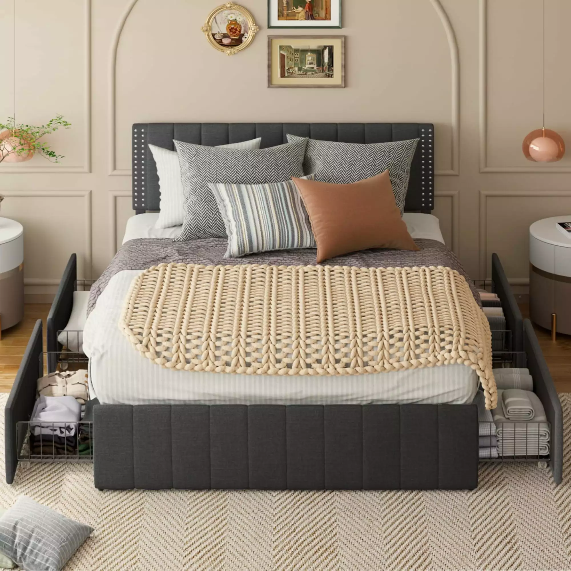 Lofka Queen Bed Frame with Adjustable Headboard and 4 Storage Drawers. 880lbs No Box Spring Dark Gray