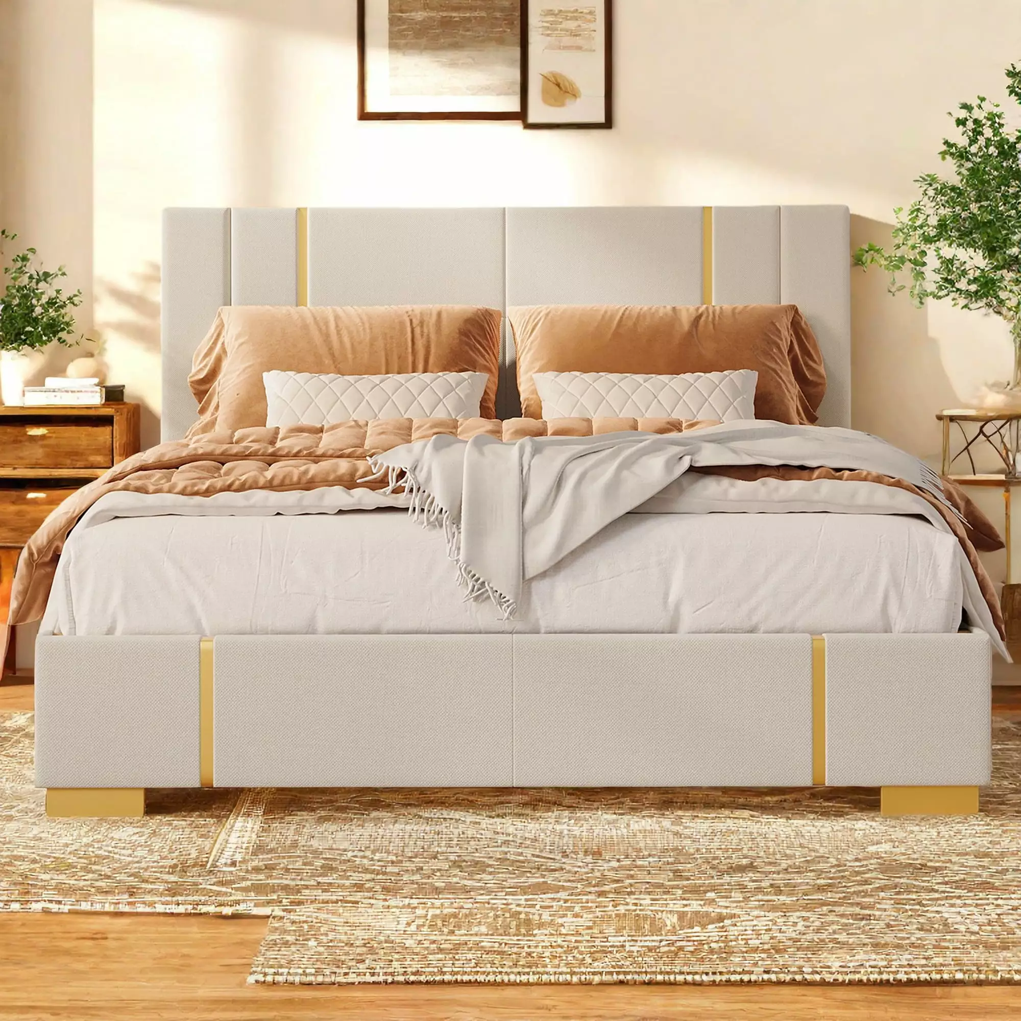 Lofka Queen Size Bed Frame with Upholstered Headboard Beige Finish