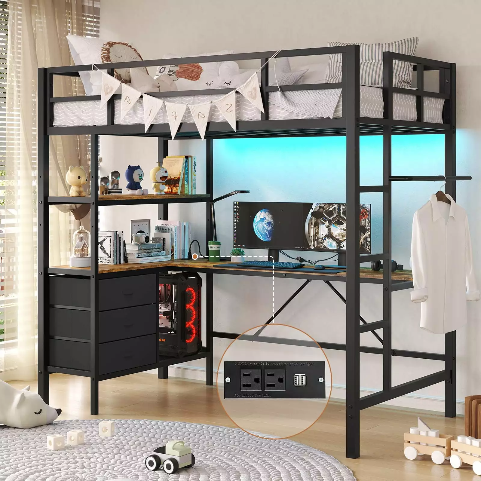 Loft Bed Frame with Stairs and Guardrails for Kids Teens Adults. Metal Loft Bed with LED Lights and Charging Station. Space-Saving Bed with L-Shaped Desk and Drawers. Black