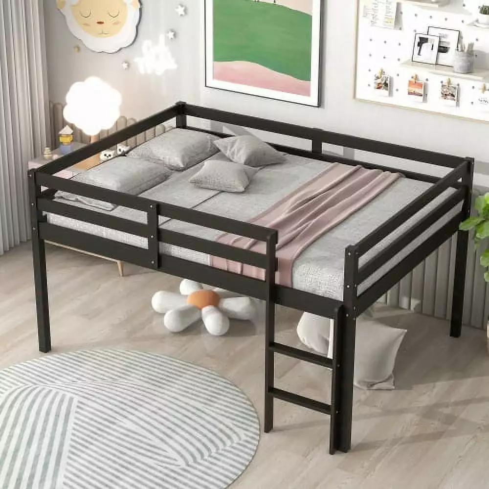 Full Size Low Loft Bed for Kids with Large Storage Space and Ladder. Solid Wood Bed Frame for Small Space. No Spring Box Needed. Espresso