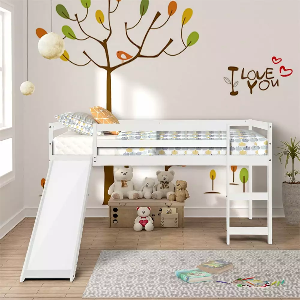 Loft Bed with Slide. Wood Twin Size Loft Bed Frame with Full-Length Guardrail and Ladder. Multifunctional Bed Frame with Slats Support & Underbed Storage for Boys Girls. No Box Spring Needed. White