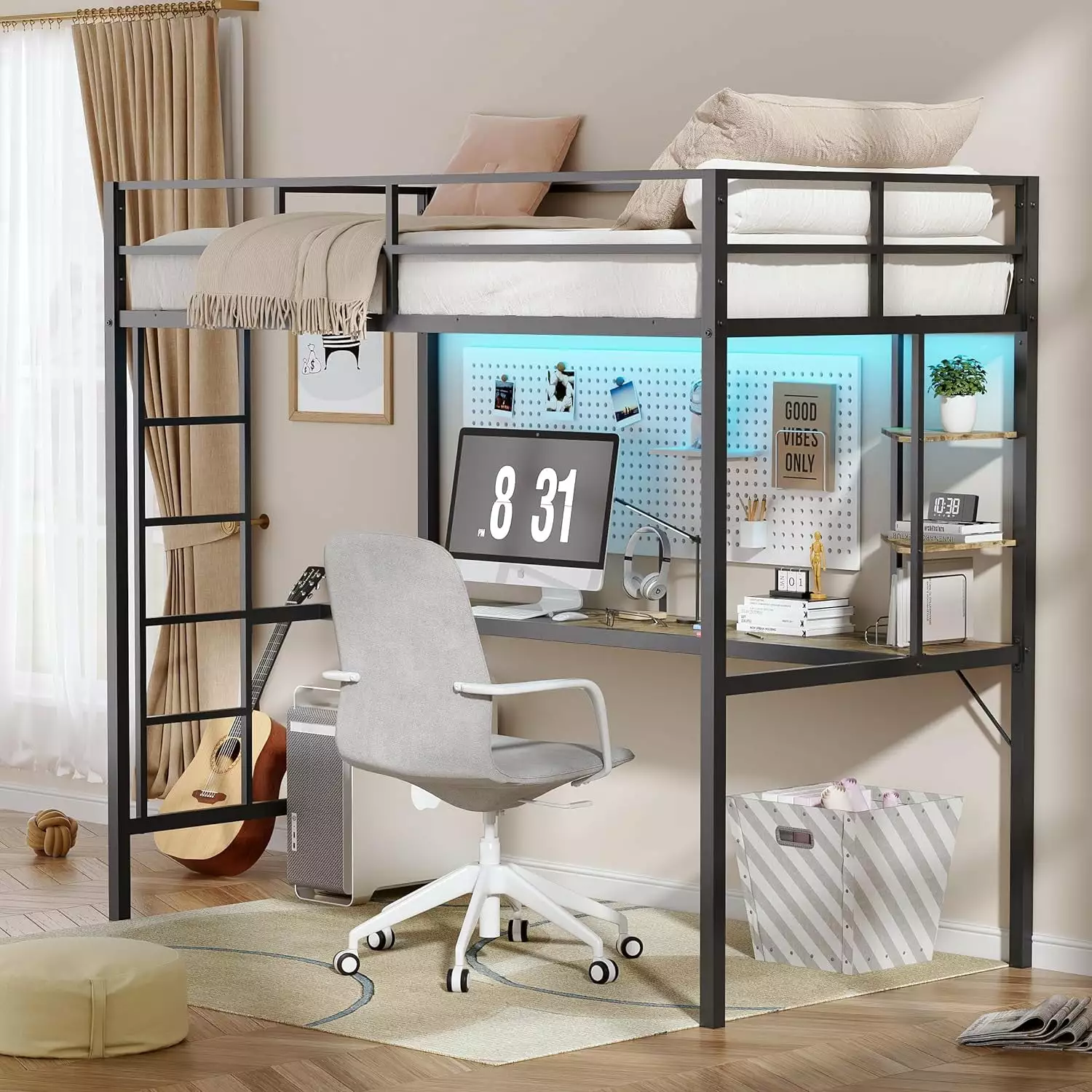 Loft Bed Twin Size with Desk and Shelves. Metal Loft Bed Frame with Safety Guardrail. Stairs. Power Outlet and LED Lighted. Space-Saving. Noise Free