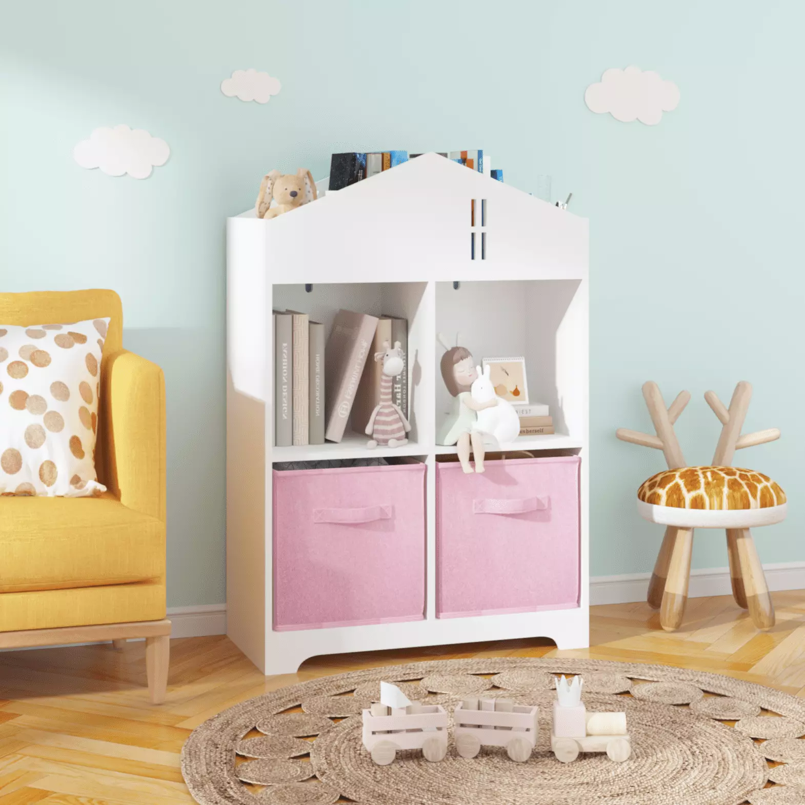 Lovely Kids Dollhouse Bookcase with Storage. 2-Tier Storage Display Organizer Cabinet Toddler Bookshelf with 2 Collapsible Fabric Drawers for Children's Room. Living Room. Playroom. White+Pink