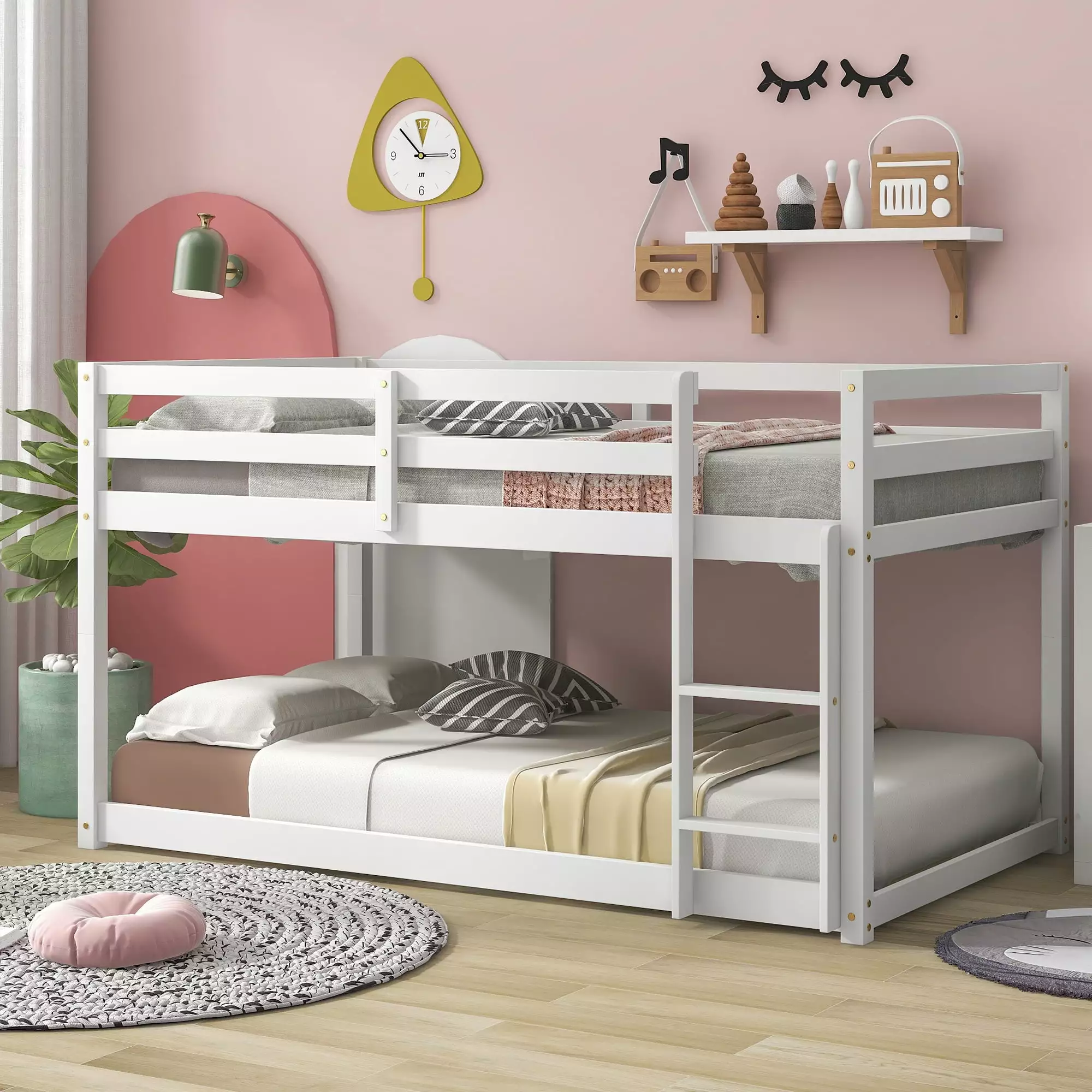 Low Bunk Bed Twin Over Twin for Kids Bedroom. Wood Twin Bunk Bed Frame with Safety Rail. Ladder. Heavy Duty Twin Bunk Beds Mattress Foundation for Boys Girls. No Box Spring Needed. White