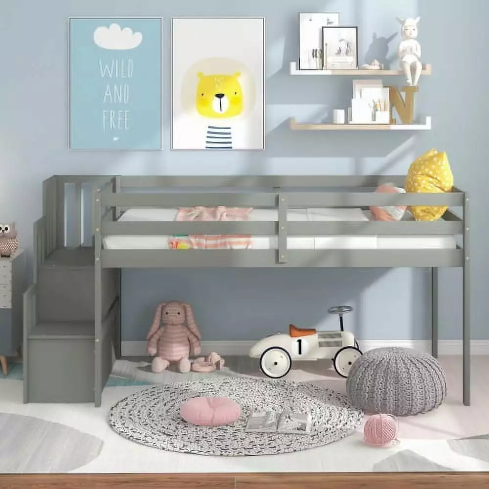 Low Loft Bed with Staircase .Twin Size Kids Loft Bed with Step Storage .Wood Loft Bed Frame Twin with Safety Guardrails for Girls. Boys .Solid Wood Bedframe No Box Spring Needed. Easy Assembly. Gray