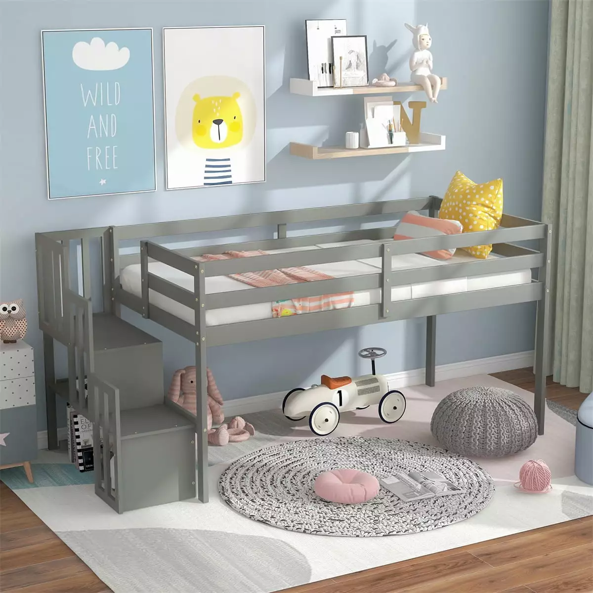 Low Loft Bed with Stairs. Loft Bed with Storage Wood Bed Frame for Kids Teens Girls Boys. Toddler Loft Bed with Safety Guardrail. Contemporary Space-Saving Bed for Bedroom. Gray