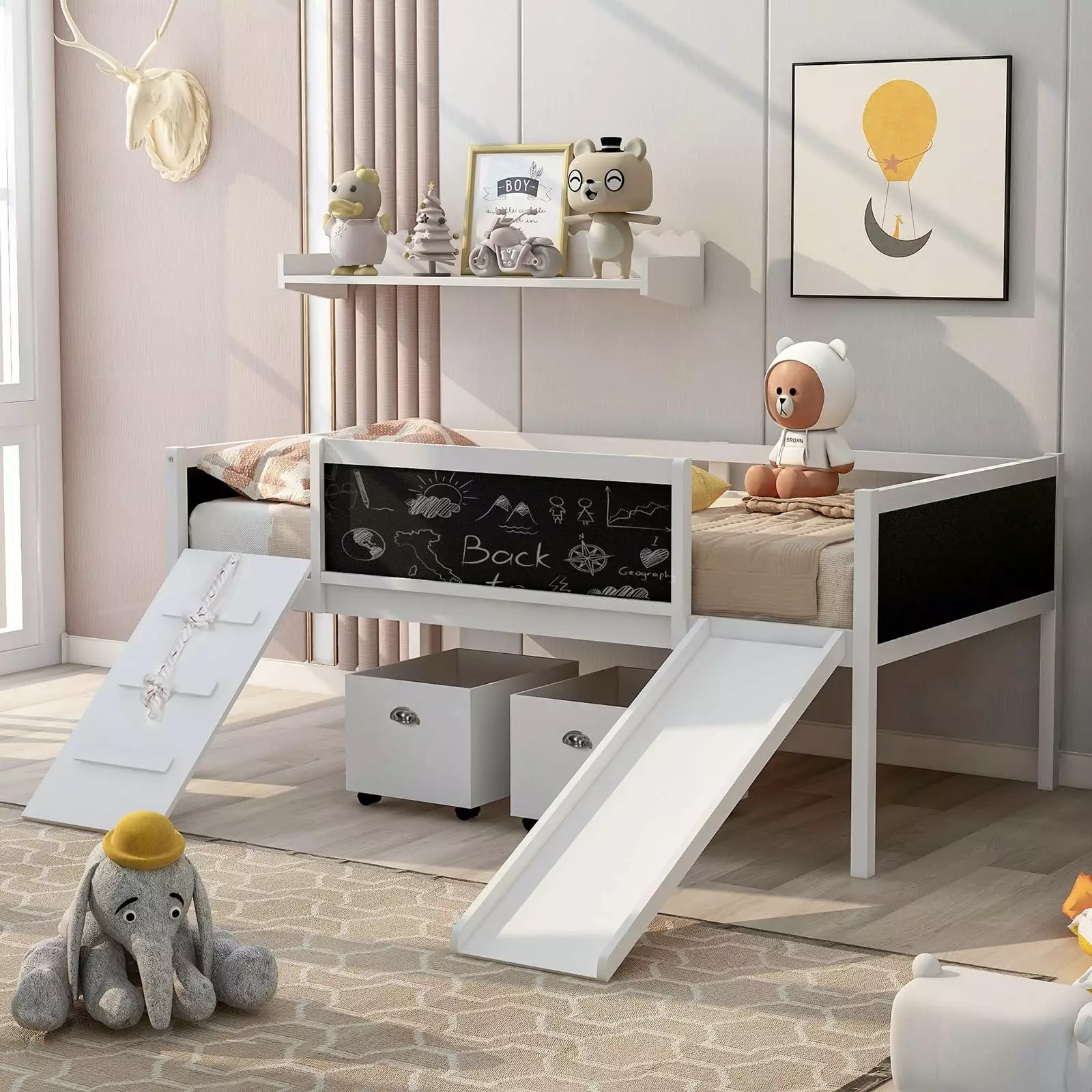 Low Loft Bed with Slide and Two Storage Boxes. Chalkboard. Wood Twin Size Loft Bed with Climbing Frame and Rope (White. Loft Bed)