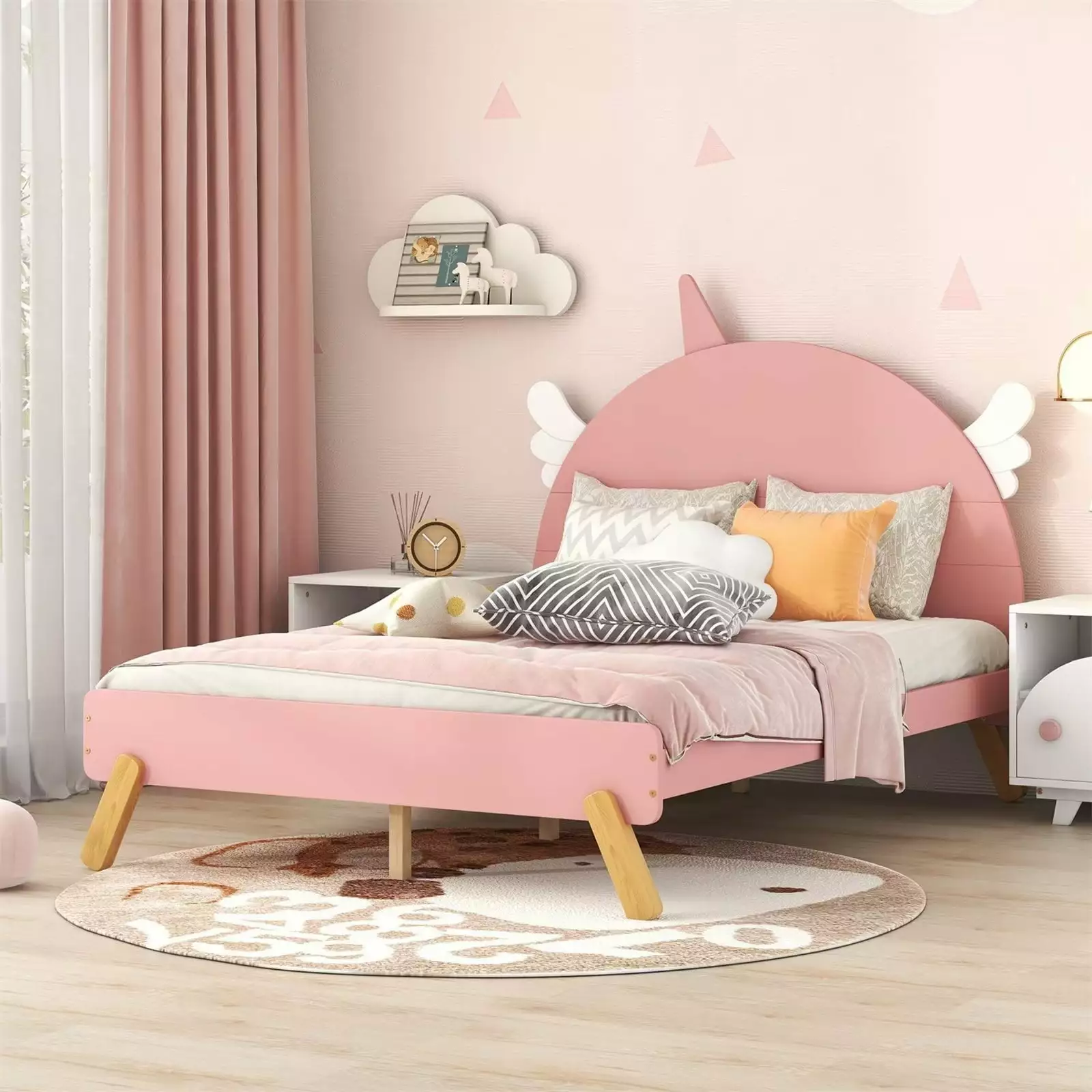 Low Wooden Bed with Unicorn Shape Headboard. Full Platform Bed Frame with Solid Wood Legs & Slats System for Kids Teens Bedroom. No Box Spring Required (Pink. Full Size)