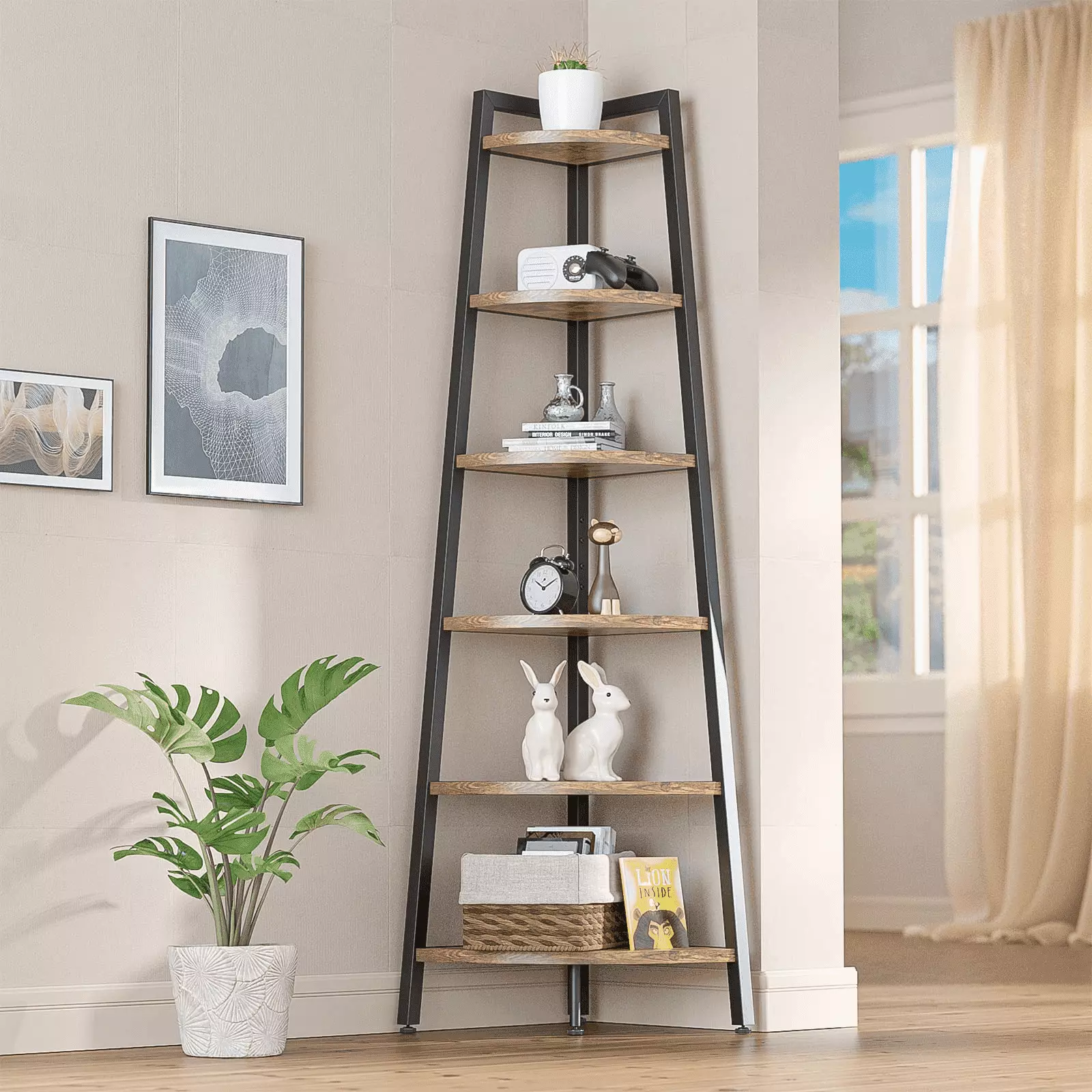 Lulive 6 Tier Corner Shelf. 68.9 Industrial Tall Corner Ladder Shelf Stand. Corner Bookshelf Bookcase Shelving Units for Living Room. Home Office. Balcony. Small Space. Brown