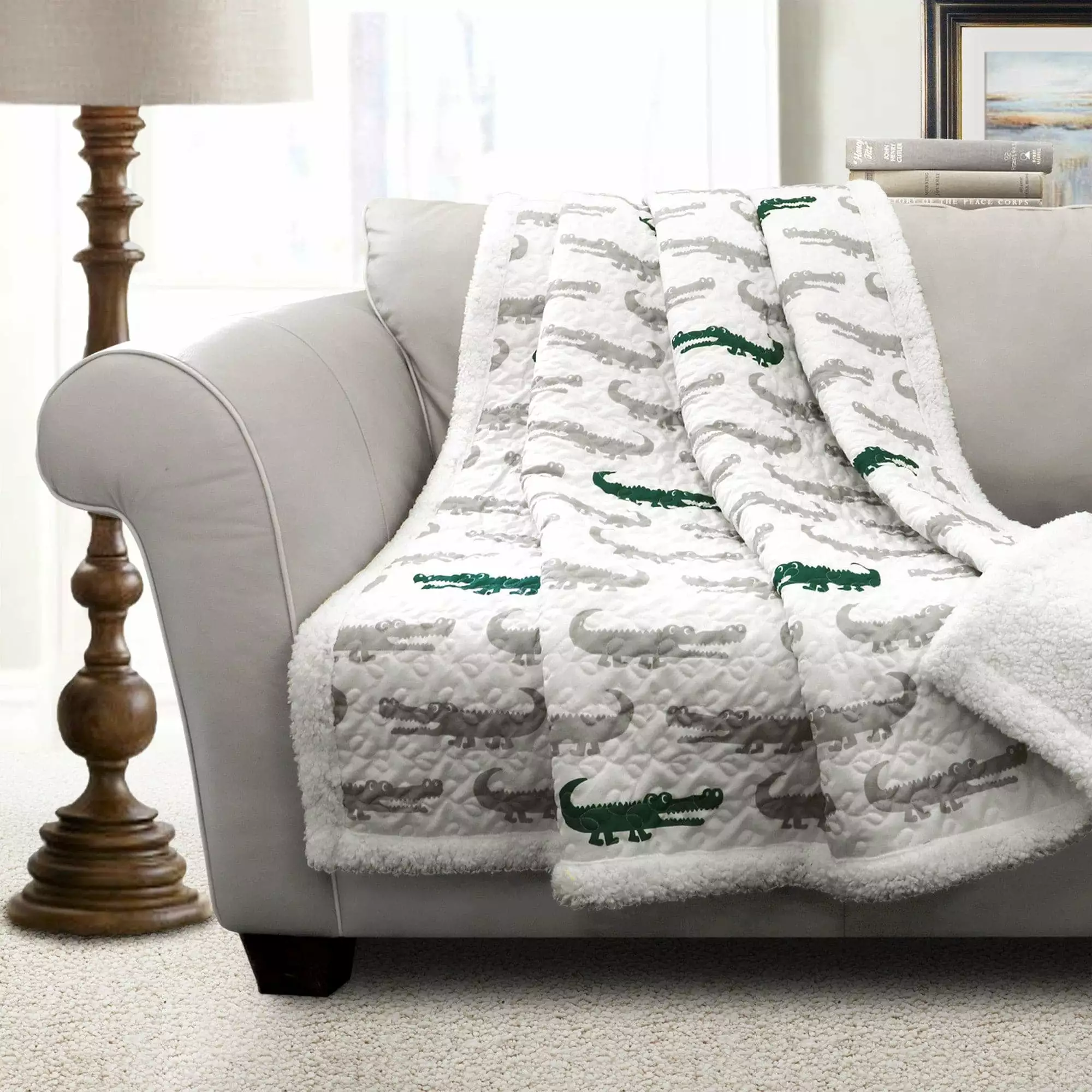 Lush Decor Alligator Kids Animal Print Polyester Sherpa Reverse Throw. 60 x 50. Gray/Green. Single