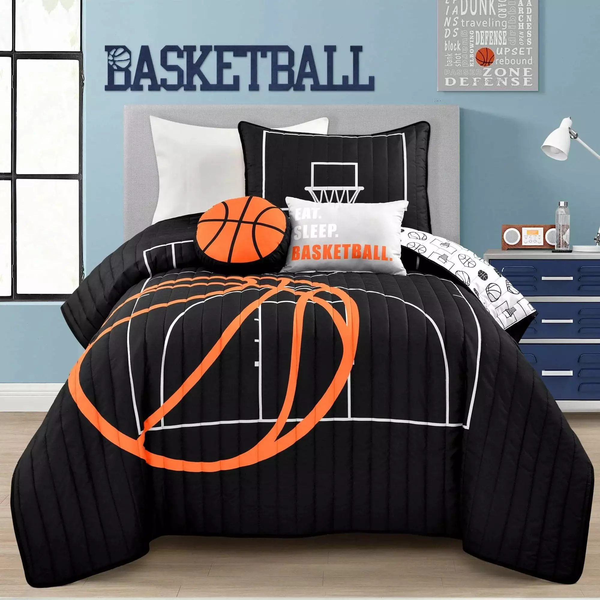 Lush Decor Basketball Game Kids Reversible Quilt. Twin. Black/Orange. 4-Pc Set