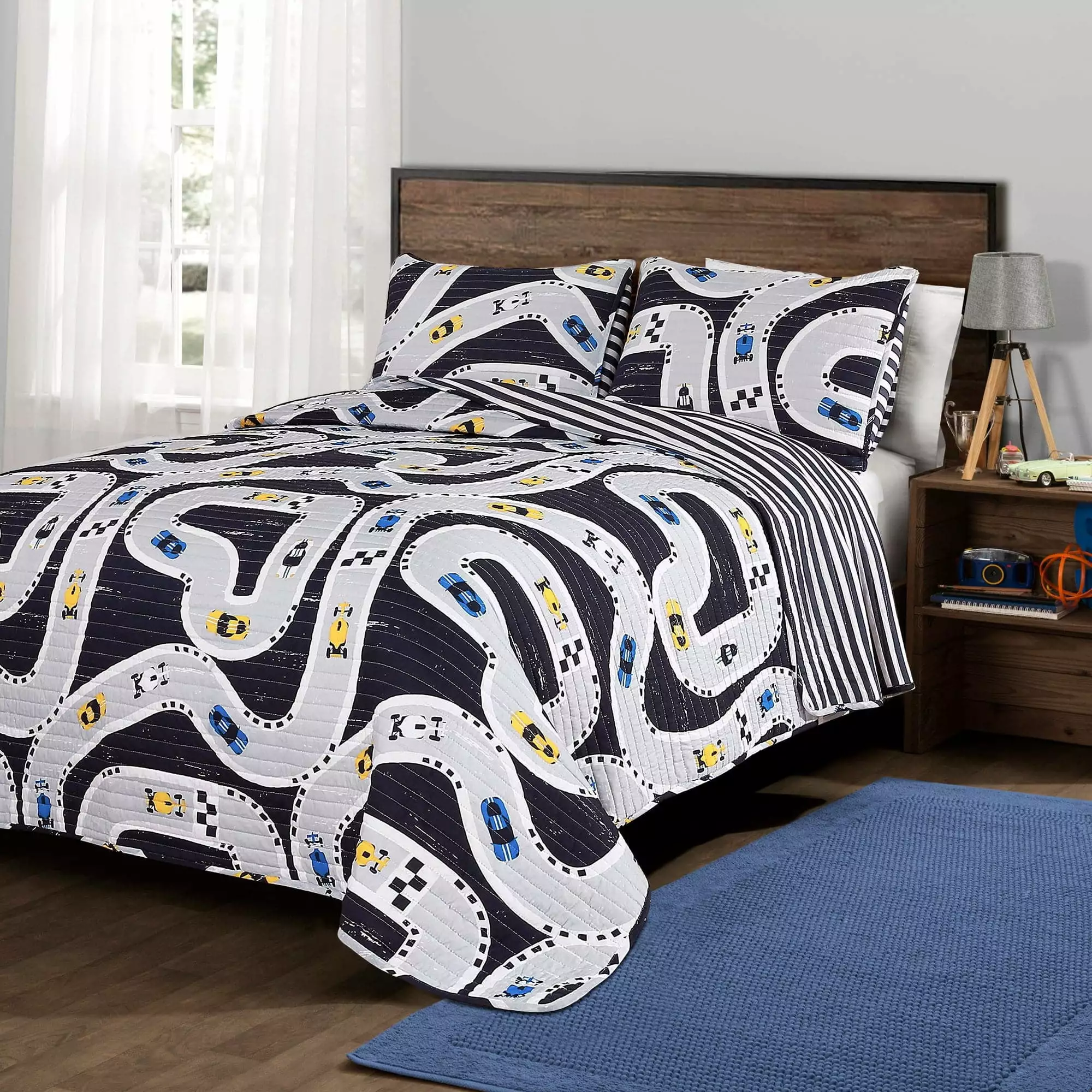 Lush Decor Car Tracks Kids Cotton Reversible Quilt. Twin. Navy. 2-Pc Set