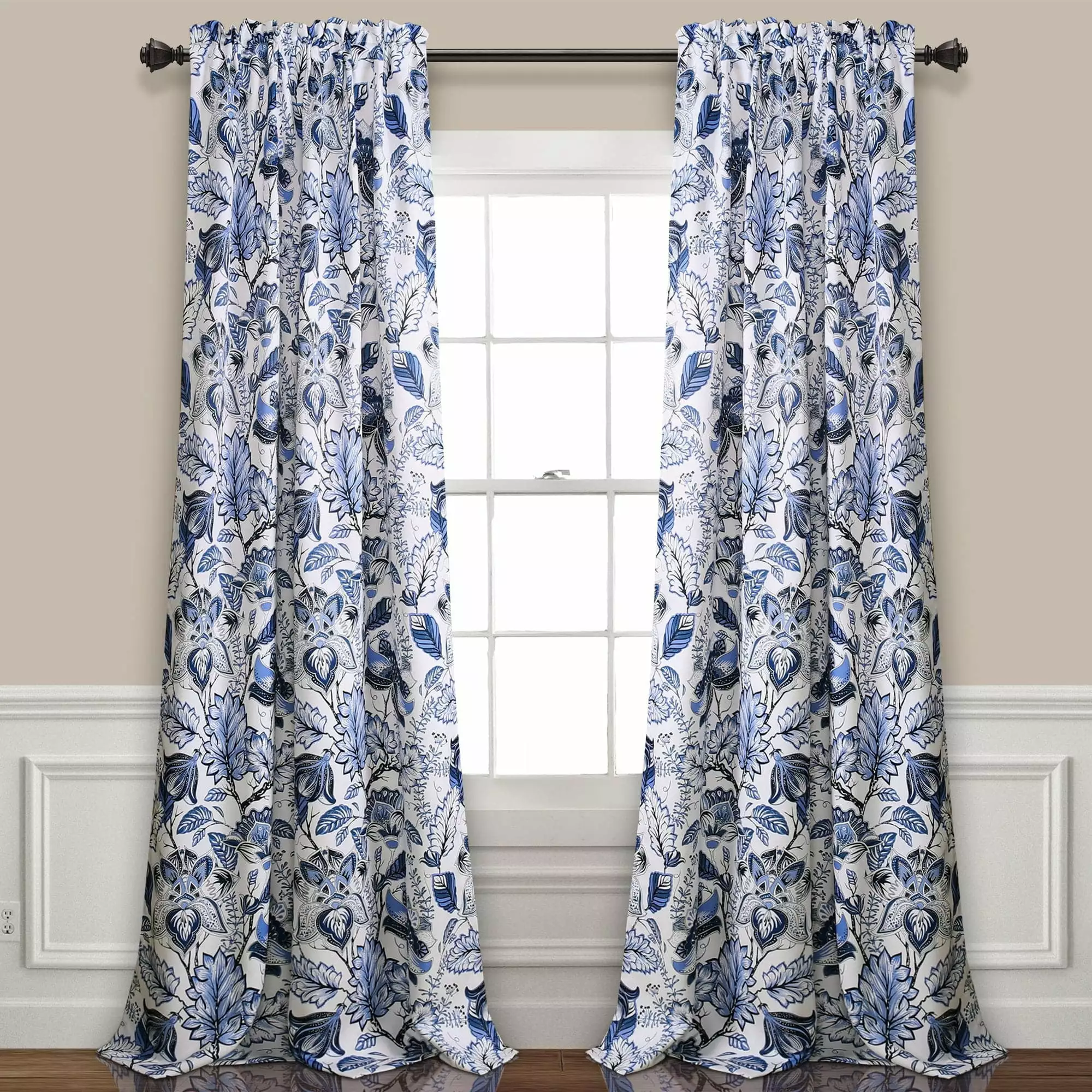 Lush Decor Cynthia Jacobean Room Darkening 95 x 52+ 2 Header Floral Blue 3 Rod Pocket 2-Pc Set Window Panel