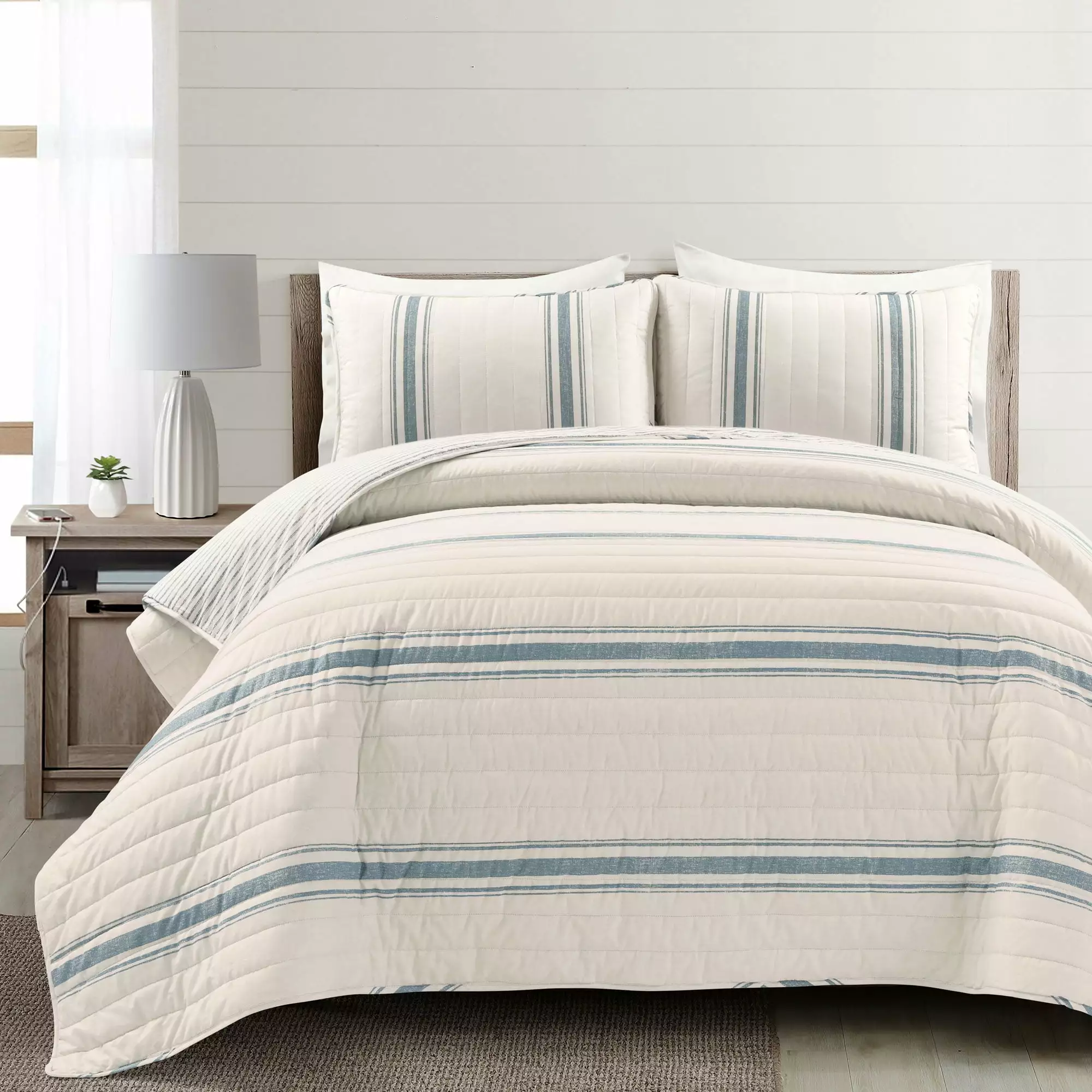 Lush Decor Farmhouse 460 Thread Count Striped 3 Piece Quilt Sets. Full/Queen With Quilt. Pillow Shams